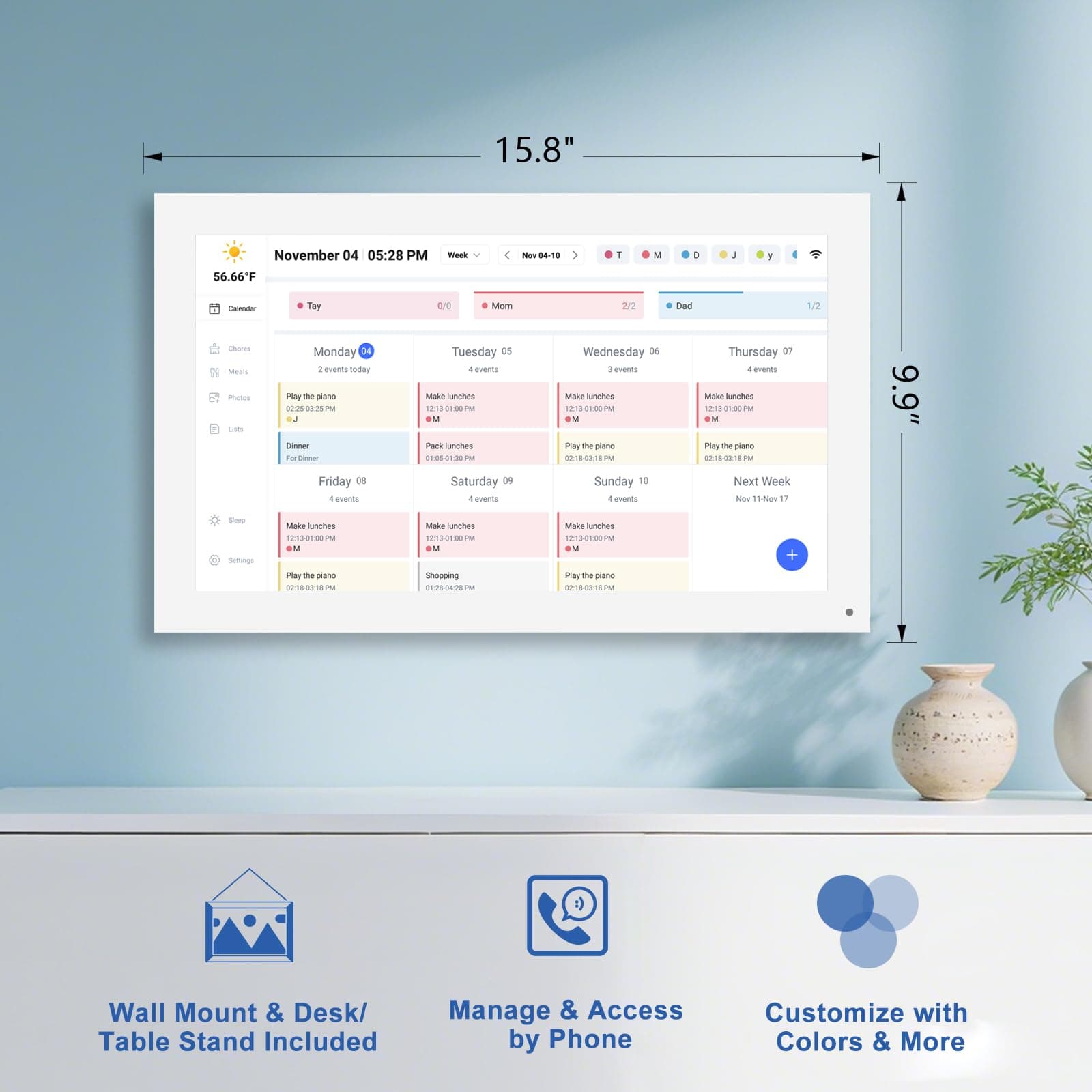 SSA 15.6 Inch Smart Digital Calendar with Touchscreen Display - IPS FHD 1920x1080 Family Organizer, Interactive Schedule Planner & Chore Chart, Desk Stand Included