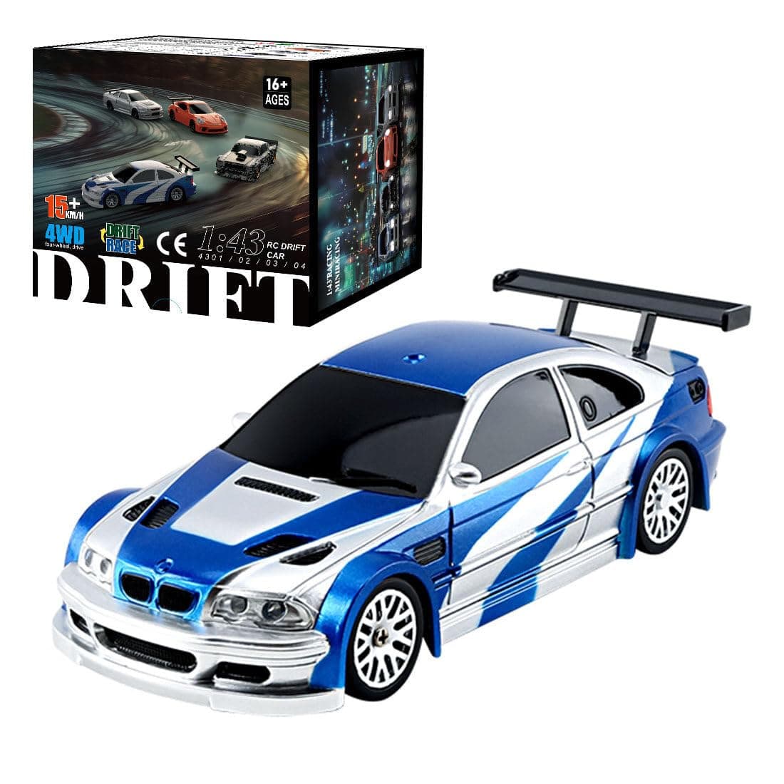 Aetheria Remote Control Drift Car for Adults 1:43 RC Electric Racing Car with Lights 4WD Racing Hobby Vehicle for Adults - RTR Version, Blue White, ZR7FX4D55J8170U54WRY