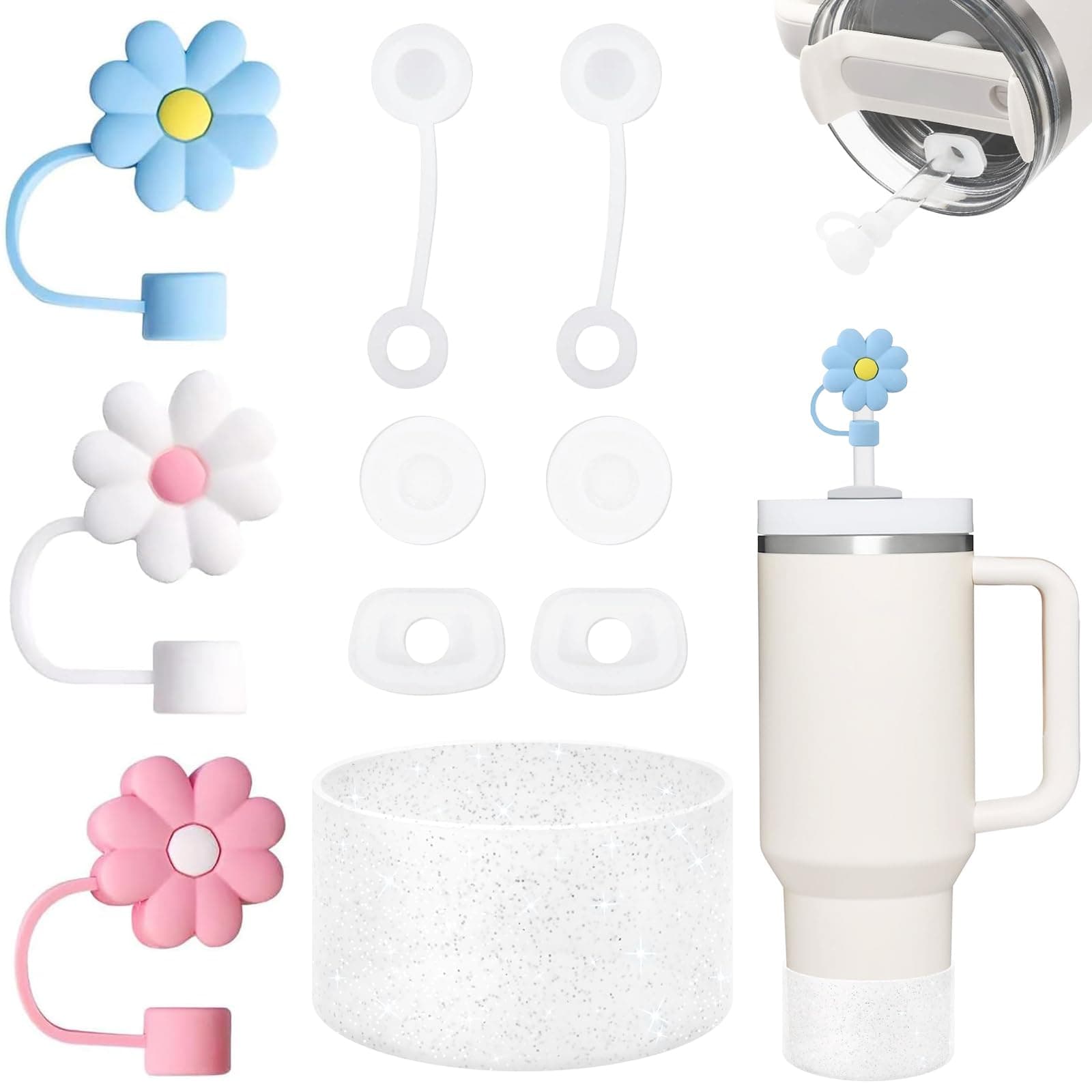 Stanley Cup Accessories Set Including 6 Pcs Silicone Spill Proof Stopper, 3 Pcs 10mm Flower Straw Cover Cap, 1 Pcs Bling Silicone Boot Sleeve for Stanley Cup 40oz & 30oz Tumbler