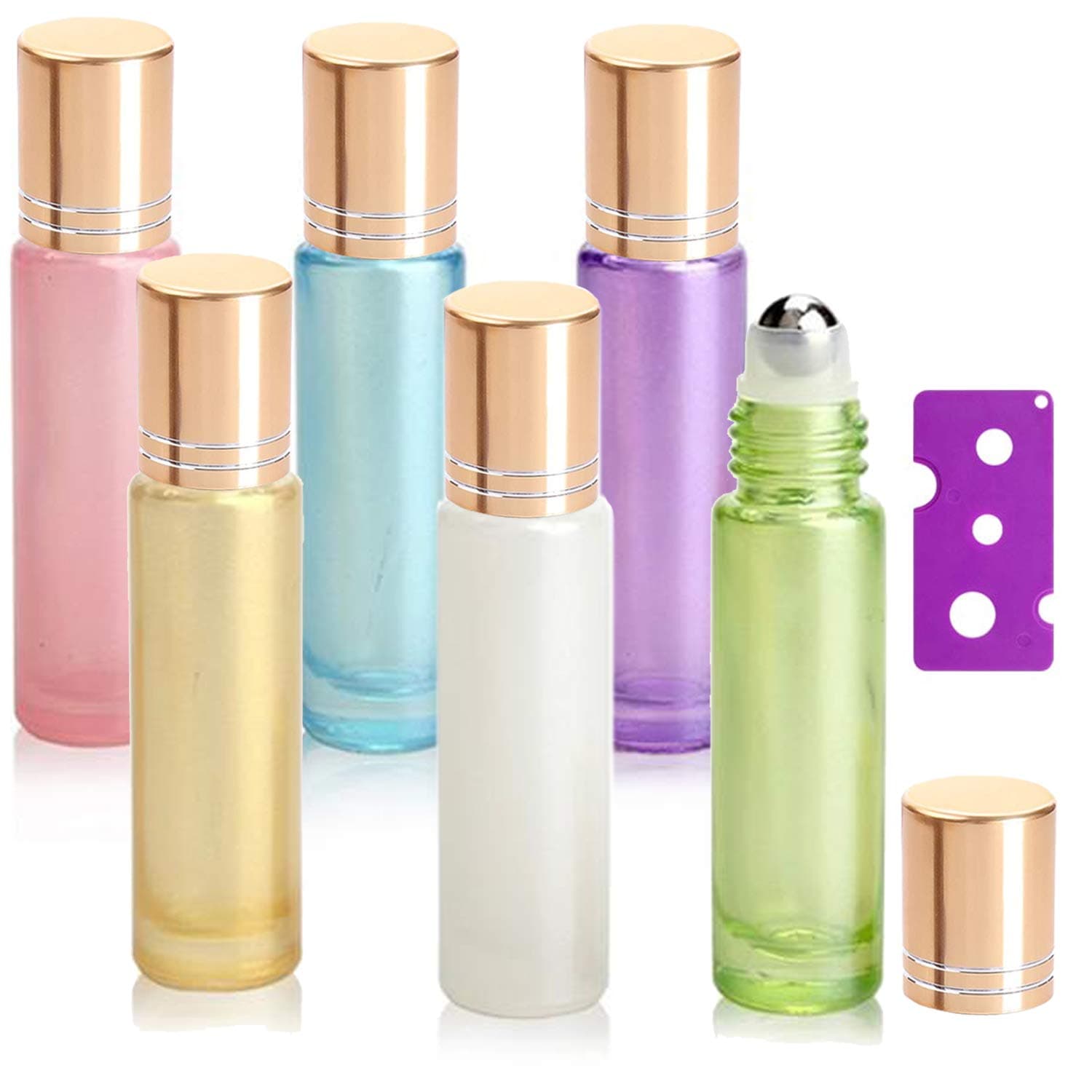 6Pcs, 10ml Essential Oil Roller Bottles Refillable Glass Roll on Bottles with Stainless Steel Roller Ball & Gold Lids & Bottle Opener, Perfect for Aromatherapy, Essential Oils, Fragrance