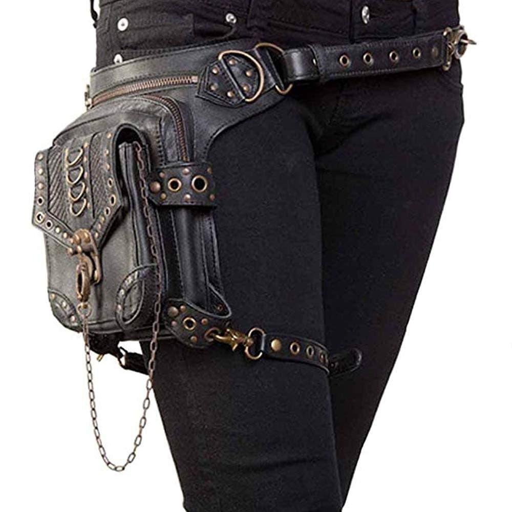 Malayas Steampunk Bag,Multi Functional use and (Waist/Shoulder/Leg) Multiple Ways of Wearing and Using Bag Gothic Unisex,Punk Style/Rock Style/Black