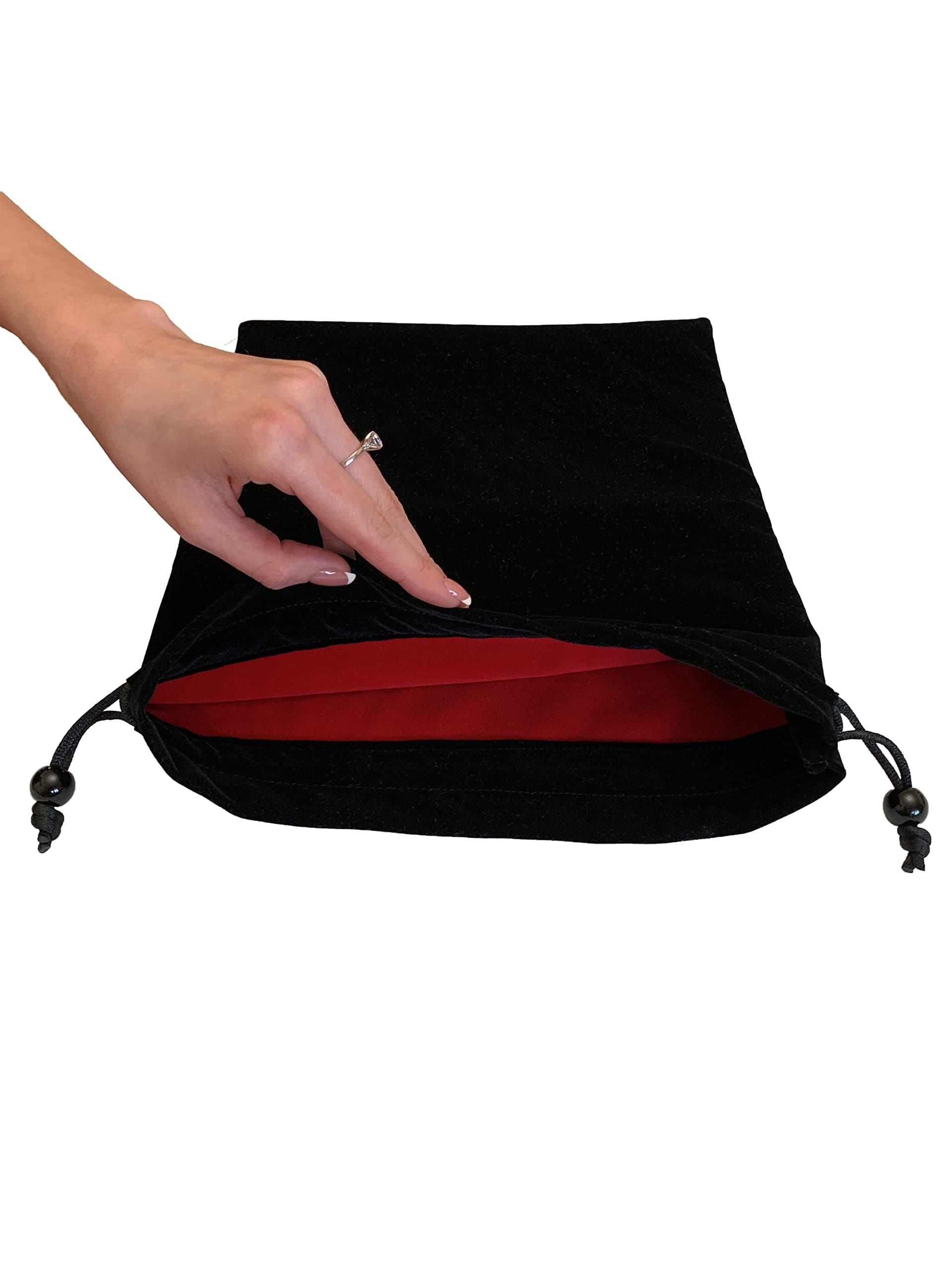Large velvet drawstring pouch, red velvet lining Inside,11 x 13.5 in black bag