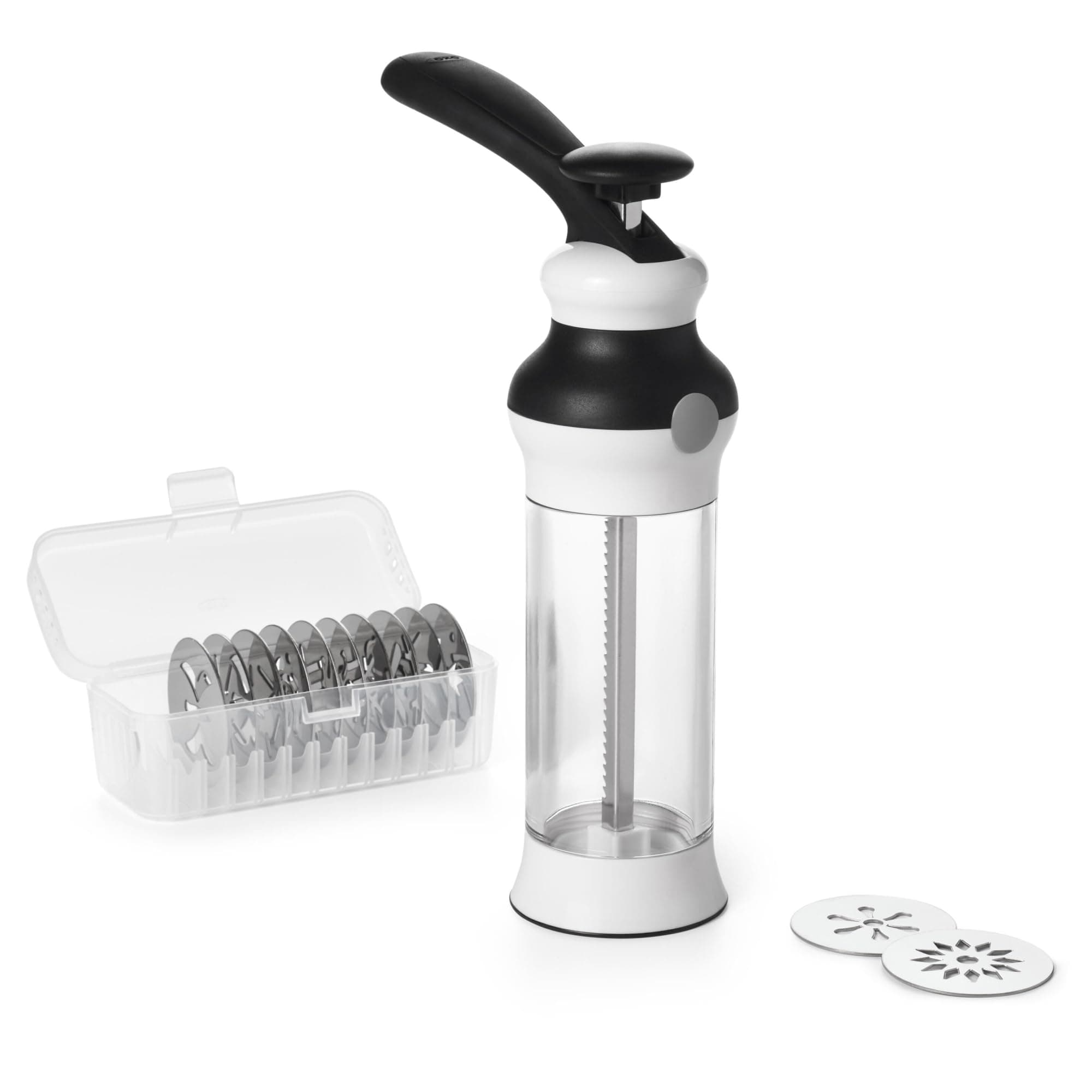 OXO Good Grips 14-Piece Cookie Press Set, Cookie Press with 12 Stainless Steel Disks and Storage Case, Holiday Baking and Everyday Treats, Essential Baking Supplies