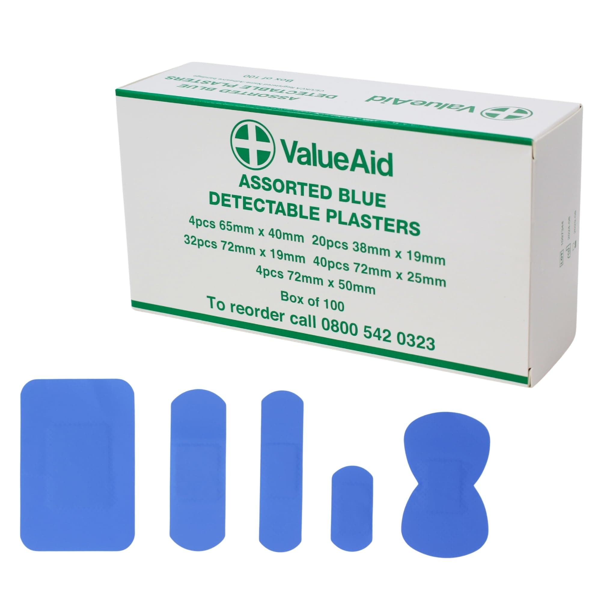 Value Aid Blue Detectable Plasters – Box of 100 Assorted Plasters for Catering Kitchens and Food Handling – Latex Free Washproof Assorted Sizes with Hypoallergenic Adhesive – Individually Wrapped