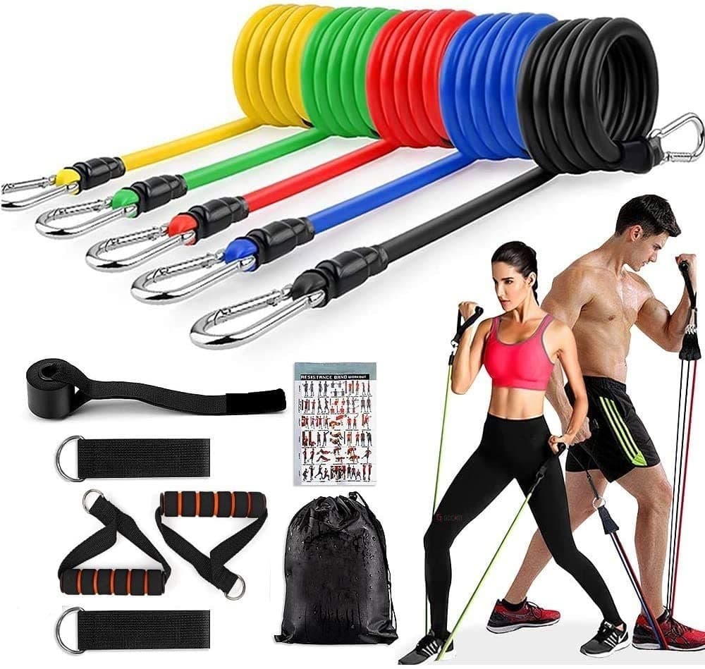 GOCART WITH G LOGO Resistance Bands, Exercise Bands Include 5 Different Levels Exercise Bands, Door Anchor, Foam Handles, Ankle Straps and Carrying Bag for Workout (Multi Color)