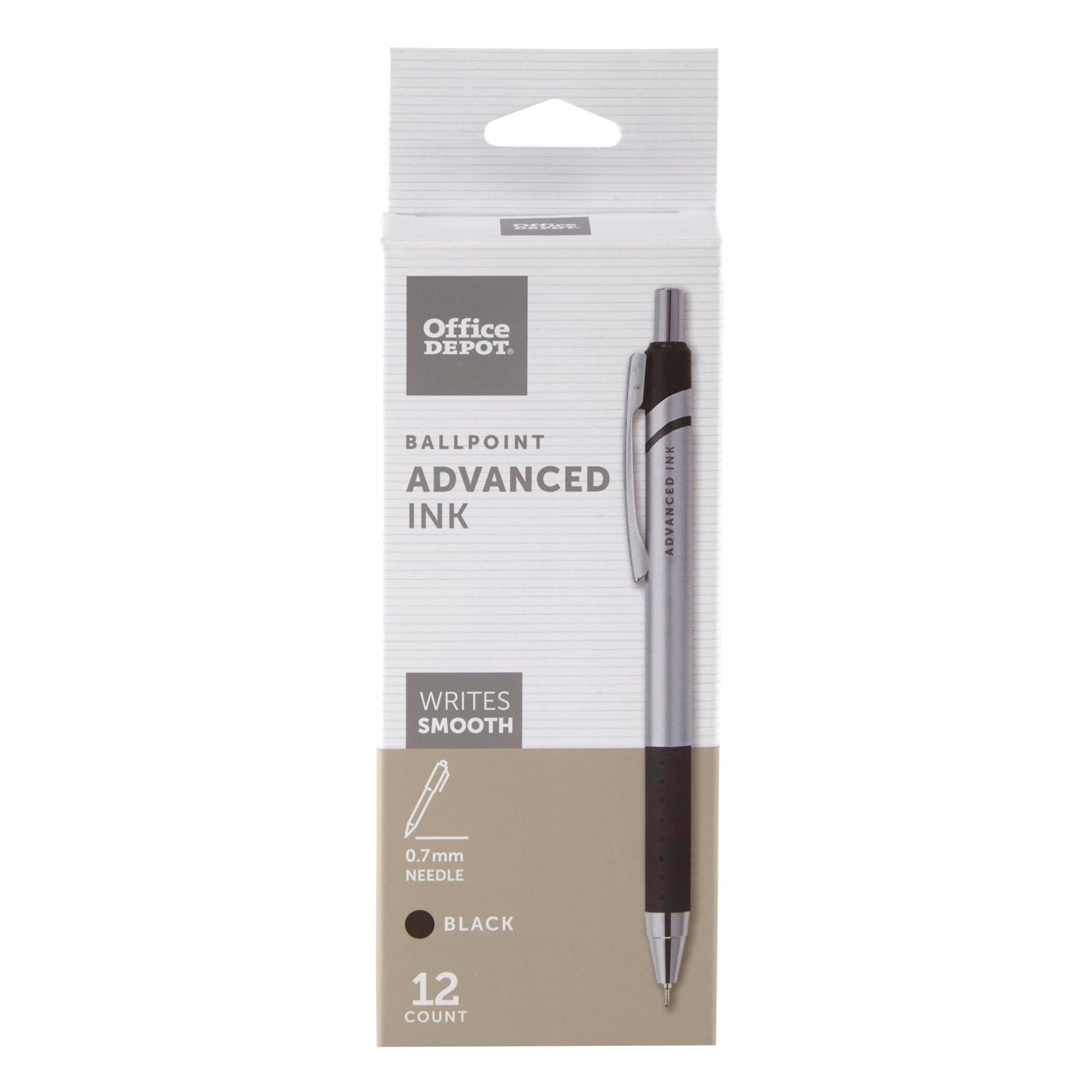 Advanced Ink Retractable Ballpoint Pens, Needle Point, 0.7 mm, Silver Barrel, Black Ink, Pack Of 12