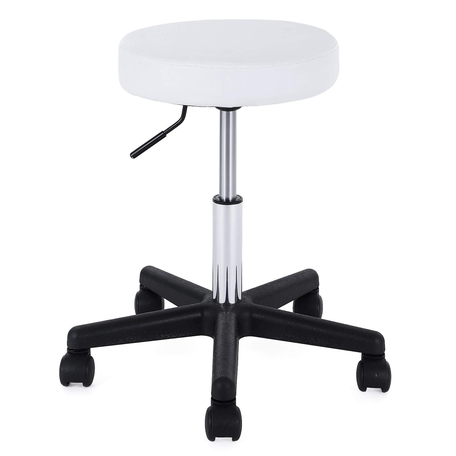SONGMICS Swivel Stool on Wheels, Adjustable Rolling Stool, 46-58 cm, Upholstered Seat Covered in Synthetic Leather, Work Stool for Beauty Studio, Office, Clinic, White LJB61WUK