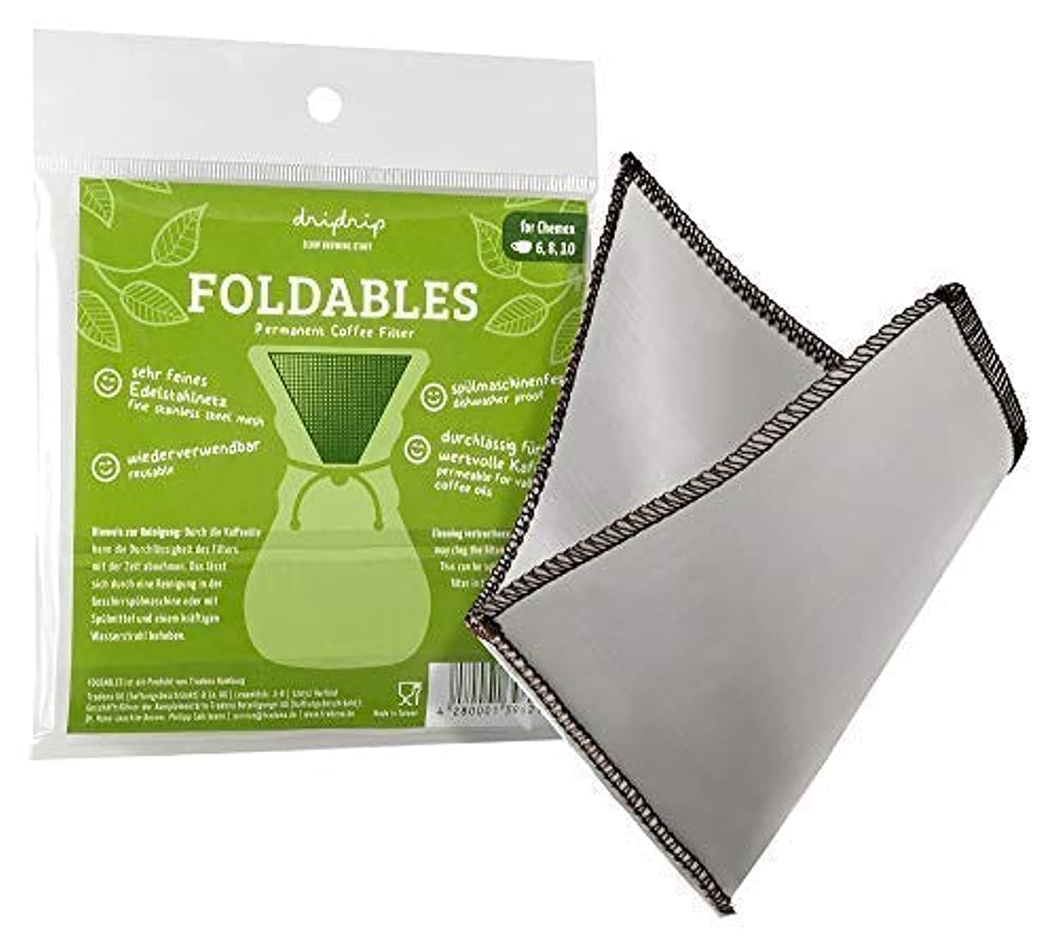 dripdripFOLDABLES Permanent Filter for Pour Over Coffee Made of fine Stainless Steel mesh, for Chemex (6, 8, 10 Cups)