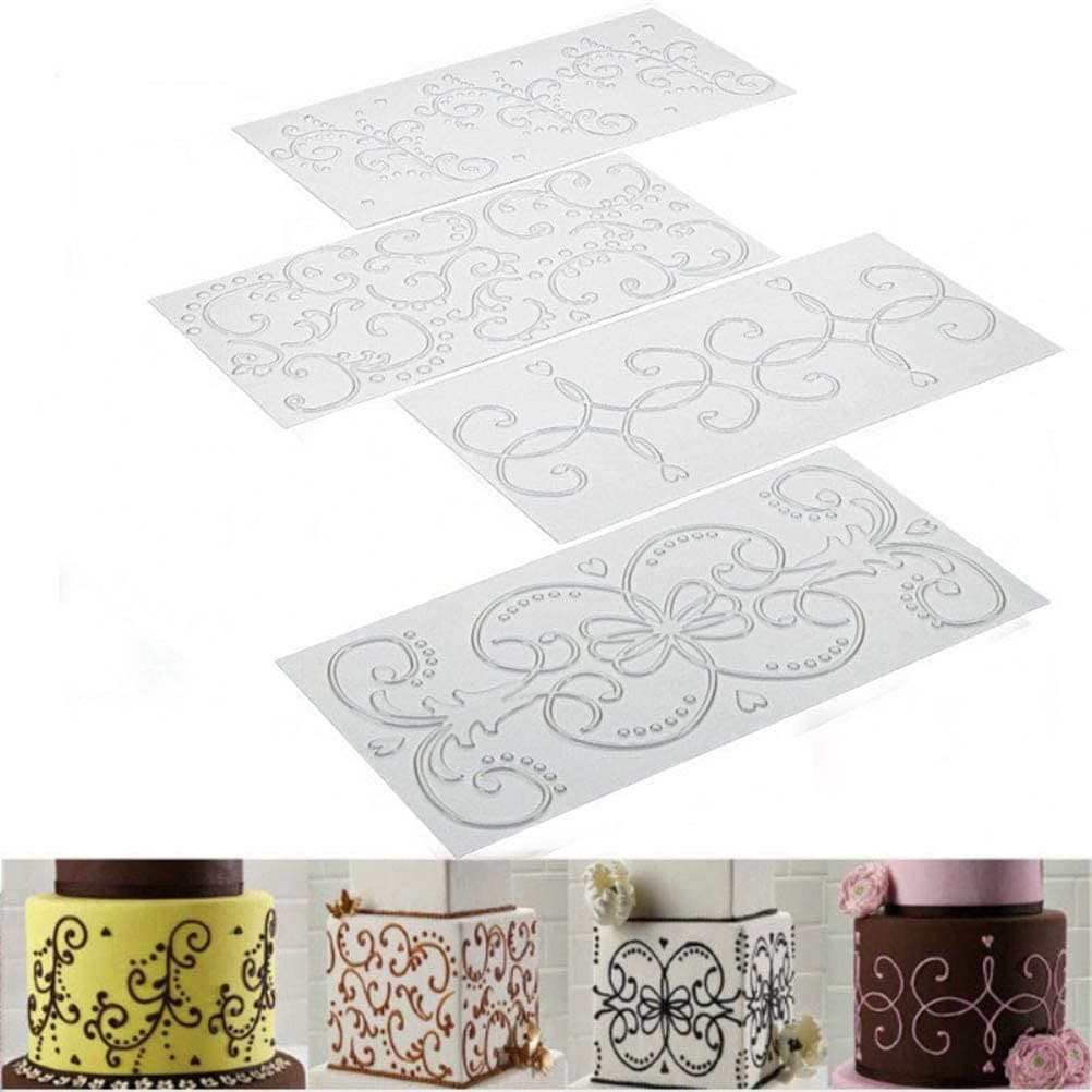 Qingsi 8 Pcs Cake Fondant Impression Mat Mold Different Pattern Embossing Transparent Mold Grid Texture Lace Embossing Mat Cake Fondant Decorating Tool for Wedding Cake Cupcake Decoration