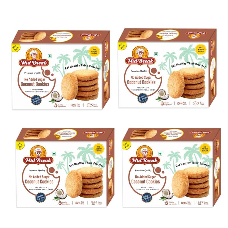 Mid Break No Added Sugar Coconut Biscuits - 300gm (Pack Of 4) | High Fiber, Gut-Friendly, Low Glycemic Index Cookies | Tasty Biscuits For Healthy Tea Time Snacking