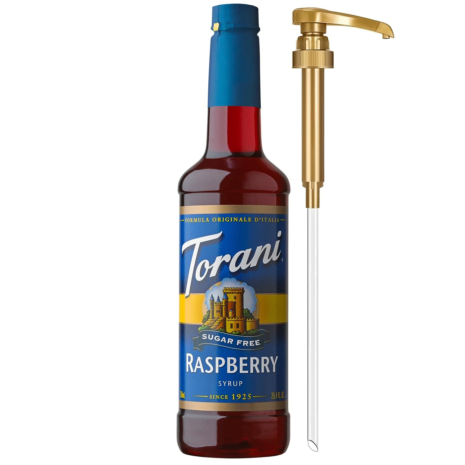 Torani Sugar Free Syrup, Raspberry Flavored Syrup for Drinks, Zero Calorie, Pump Included, 25.4 Fl Oz
