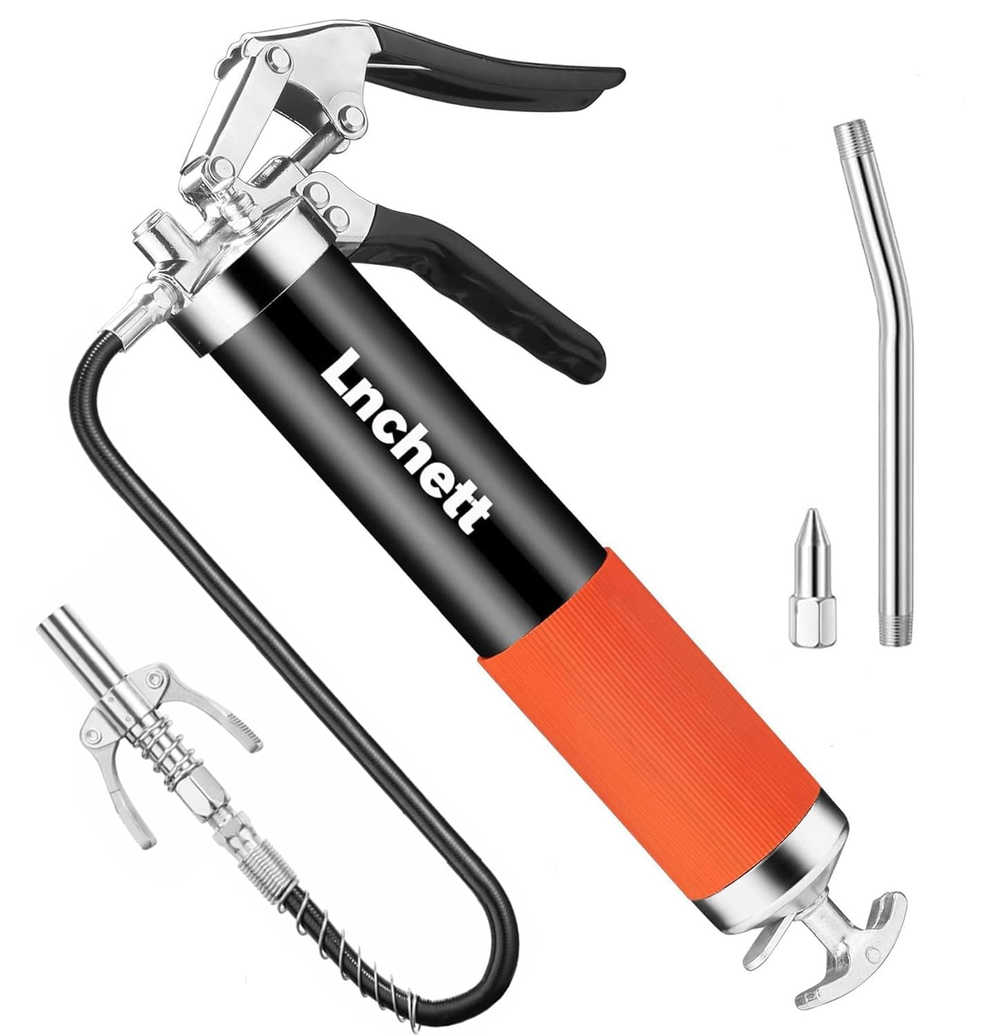 Grease Gun with Quick Release Coupler, 9000 PSI Professional Heavy Duty 14 oz Pistol Grip Grease Gun with 18 Inch Spring Flex Hose, 1 Extension Rigid Pipe and1 Sharp Nozzle Included