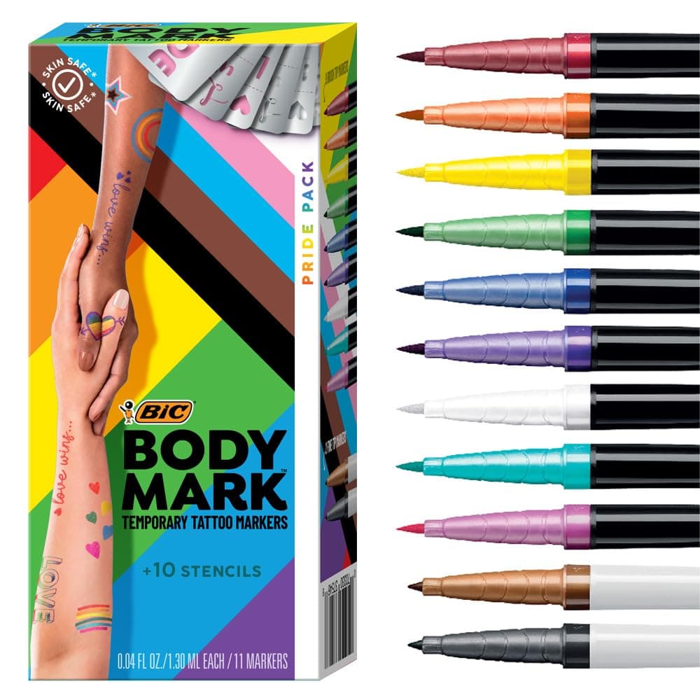 Bodymark by BIC, Temporary Tattoo Marker, Pride Pack, Skin-Safe, Mixed Brush Tip & Fine Tip, Assorted Colors, 11 Markers + 10 Stencils