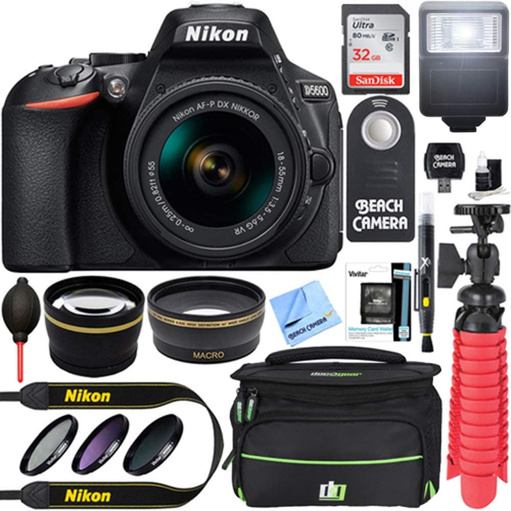D5600 24.2MP DX-Format Digital SLR Camera with AF-P 18-55mm f/3.5-5.6G VR Lens Kit Bundle with 32GB Memory Card, Bag, Flash, Filter Kit and Accessories (11 Items)