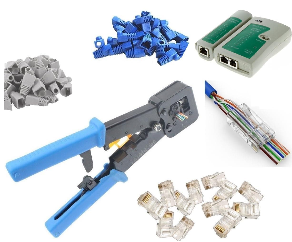 UbiGear® Professional Pass-Through Network Tool Kits Network/Phone Cable Tester + RJ11/RJ12/RJ45 Crimp Crimper +50 RJ45 CAT5e Pass-through Connector Plugs Boots Network Tool Kits (PassThrough)