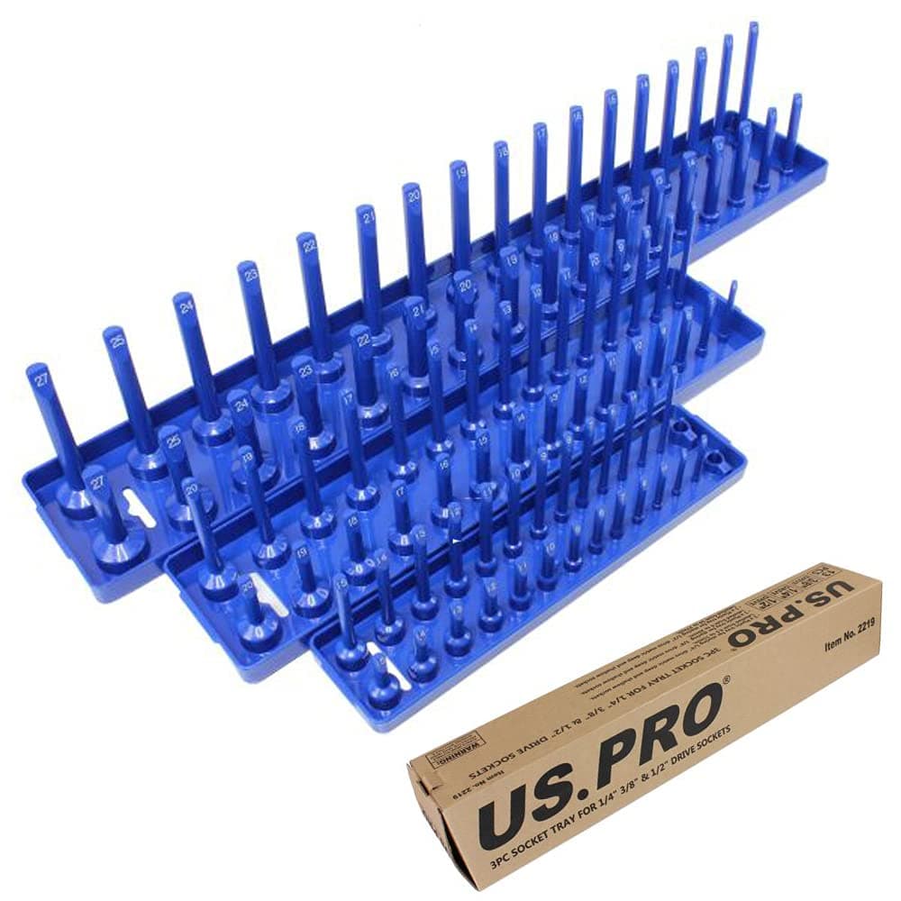 US Pro 3 Pce Socket Storage Rack Tray for 1/4, 3/8, and 1/2 inch Sockets