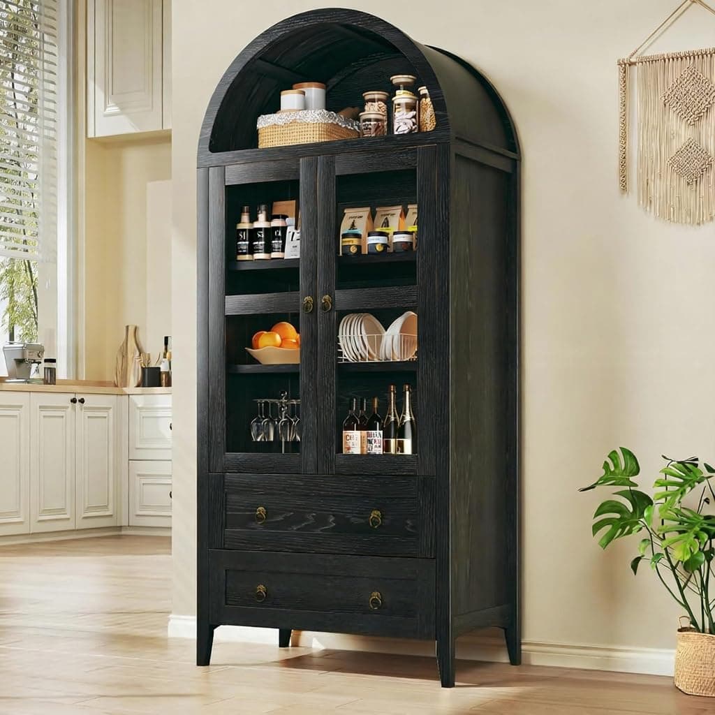 HUAHUU 71" Tall Arched Kitchen Pantry, Arched Cabinet, Kitchen Storage Cabinets with 2 Large Drawers & Adjustable Shelves & Glass Door for Living Room, Dining Room, Black