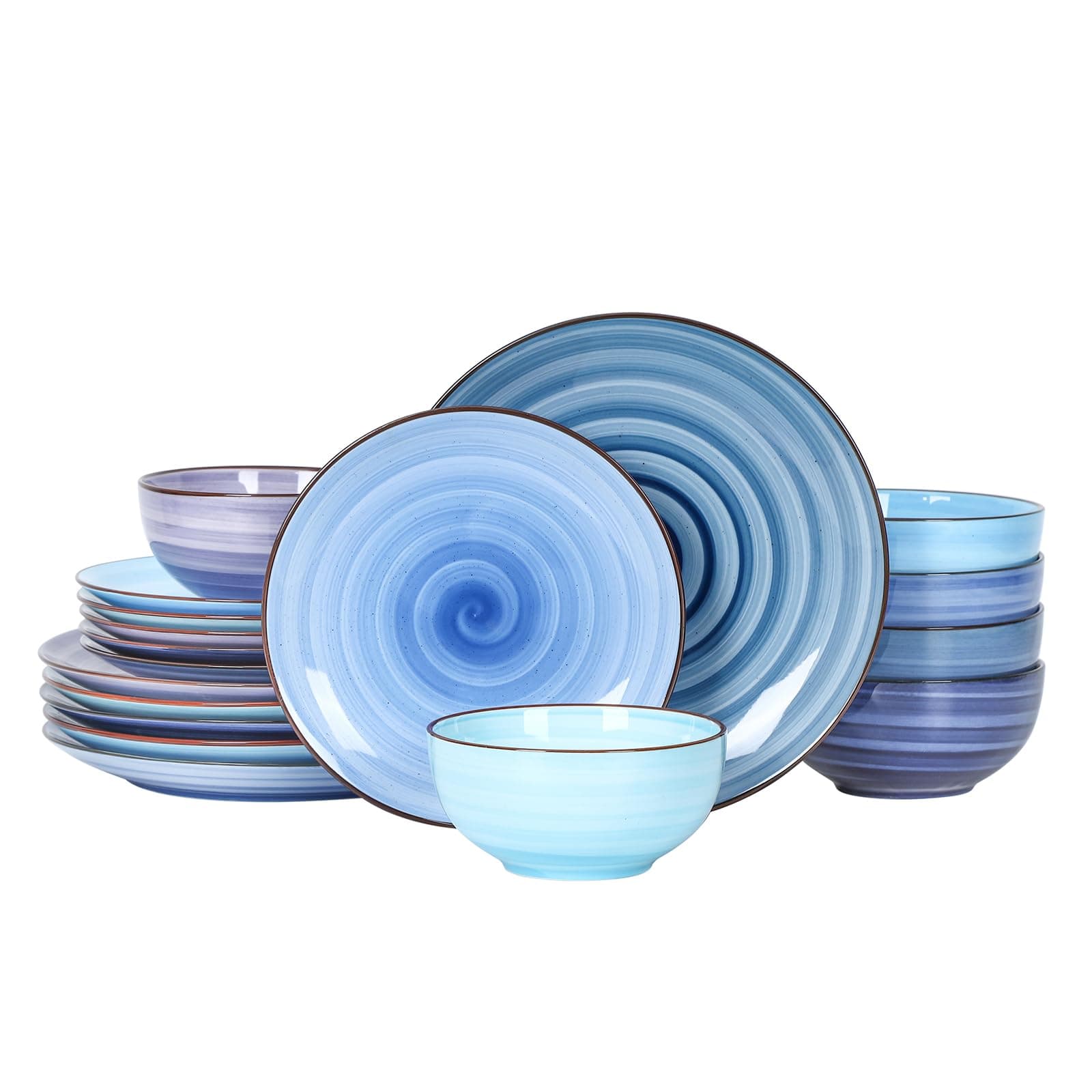 Selamica Ceramic Dinnerware Sets for 6, 18 Pieces Plates and Bowls Set, Scratch Resistant Dishes Set, Handpainted Swirl with Spot Dishwasher & Microwave Safe, Gradient Blue