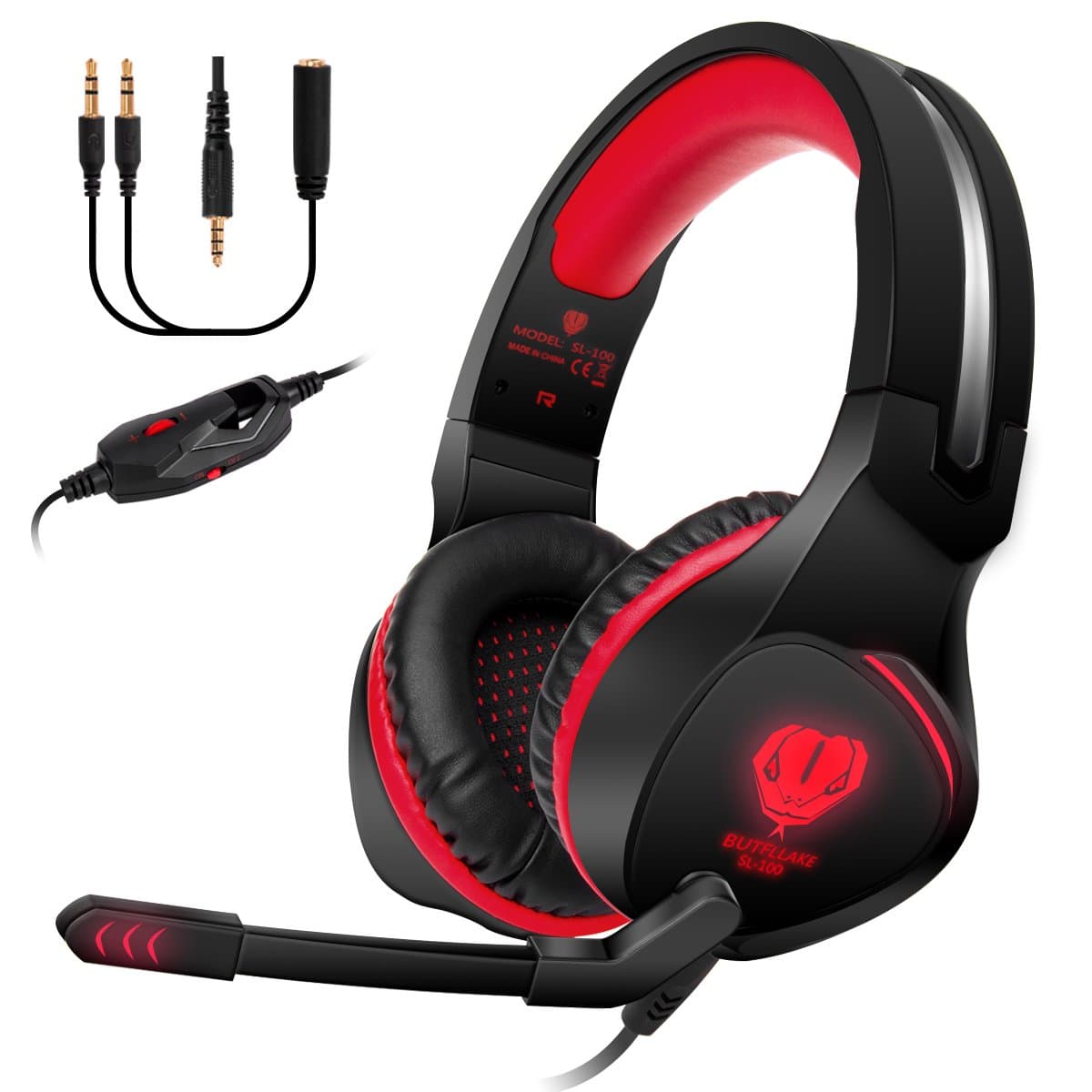 Anksono Stereo Gaming Headset for PS4, Xbox One, Nintendo Switch, 3.5mm Wired Bass Noise Cancelling Over-Ear Headphones with Mic, LED Lights and Volume Control for Laptop PC Mac iPad Games,Red