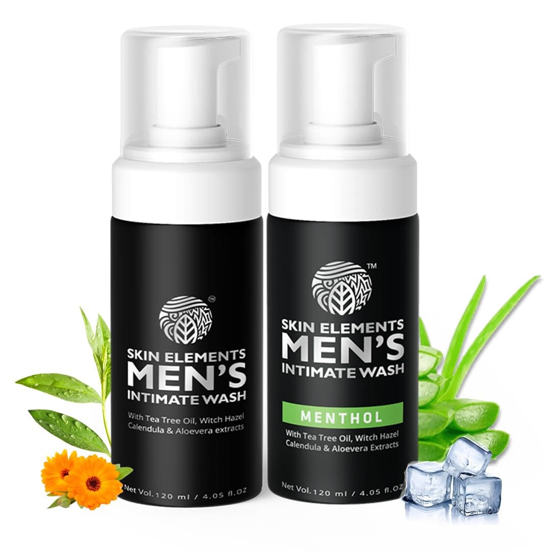 Skin Elements Intimate Wash for Men Combo | Tea Tree Oil & Menthol | pH Balanced Foaming Hygiene Wash | Controls Sweat & Bad Odor | Cools and Refreshes Intimate Area |120 ml | Pack of 2 |