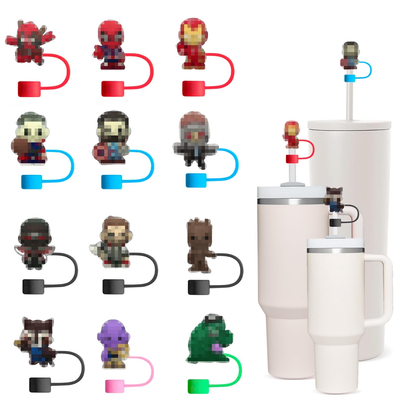 12 Pcs Hero Straw Covers Cap for 9-10mm Straws Fit Stanley Cup 40 oz 30 oz Tumbler with Handle, Reusable Cartoon Drinking Straw Topper for Kids Party Favor