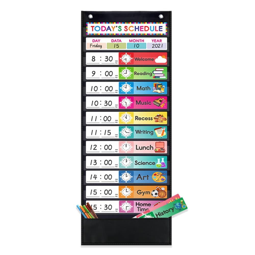 Daily Schedule Pocket Chart, class schedule, with 15 Dry-Eraser Cards - 13 Pockets for Classroom & Home (Black)