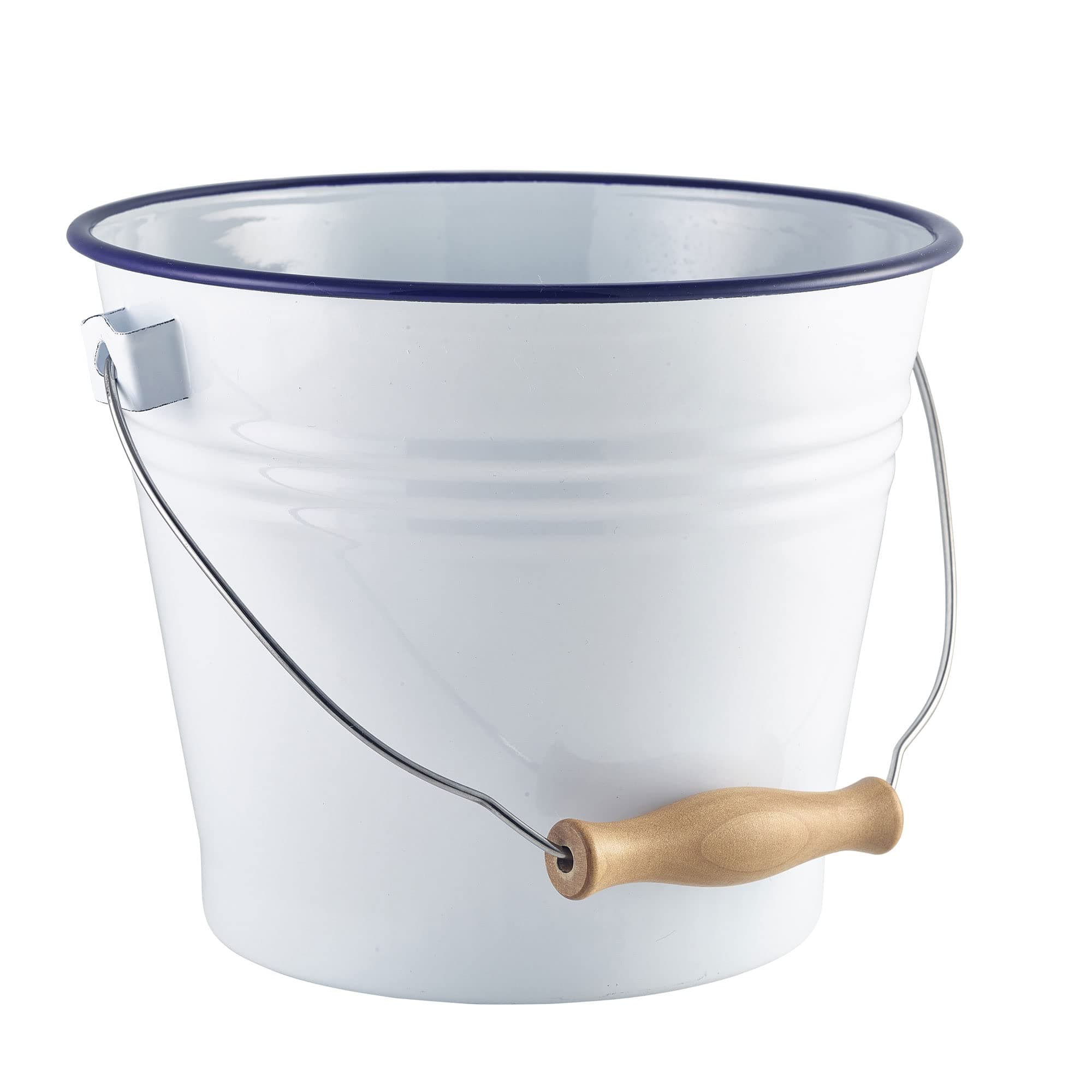 Genware Enamel Bucket White with Blue Rim 16cm - Rustic Presentation Bucket