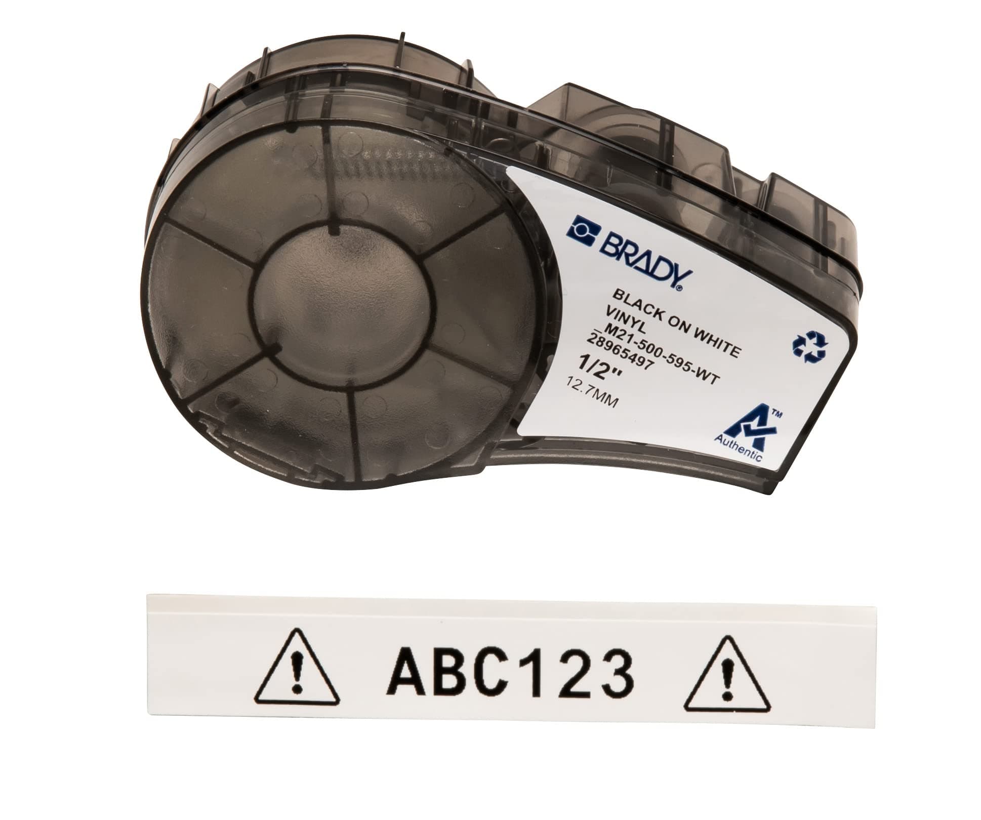 M21-500-595-WT, B-595 Vinyl Printer Label for BMP 21 Mobile, ID PAL and LABPAL Printers, Black On White, 0.5" Width x 21' Length, Black on White