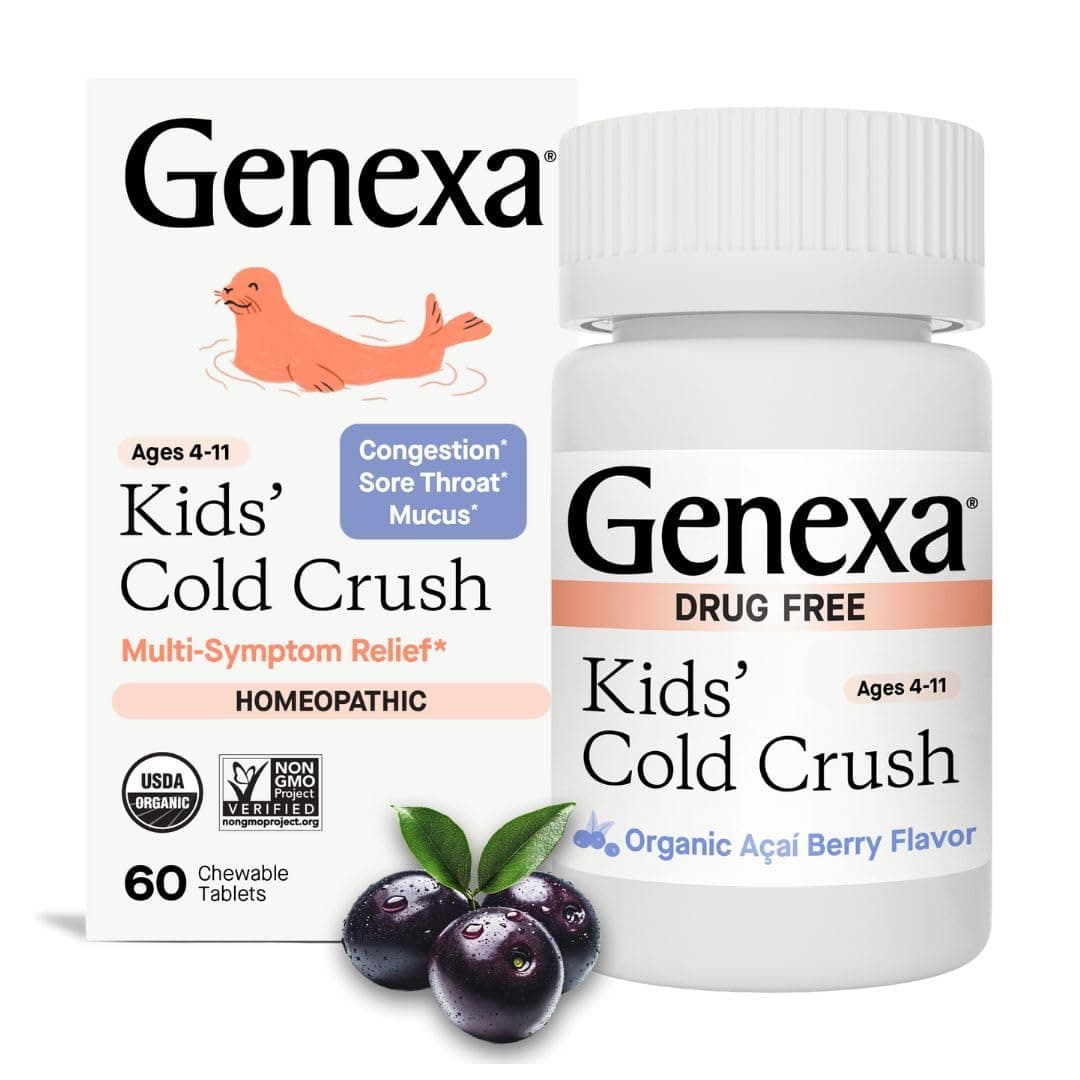 Genexa Kids Cold Crush | Multi-Symptom Cough & Cold, Sore Throat, Congestion Relief for Children | Acai Berry Flavor | Organic & Non-GMO | Homeopathic Remedy Made Clean | 60 Chewable Tablets Age 4-11