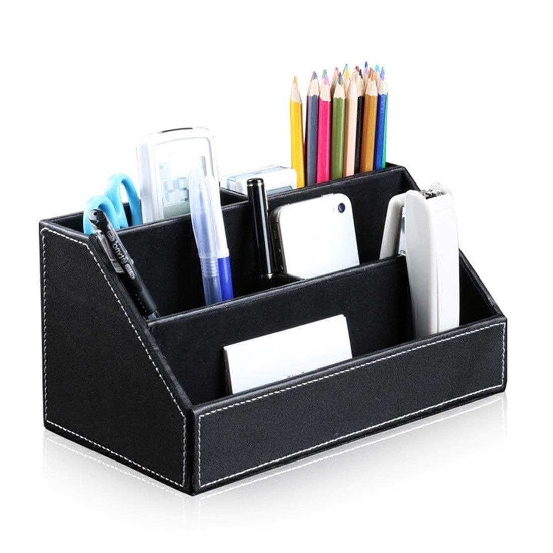 Black PU Leather Remote Controller Holder TV Guide CD DVD Controller Organizer Desk Caddy Stationery Organizer Caddy Stationery Holder (L:9.45 x W:5.3 x H:4.3/1.6 inches, Black)