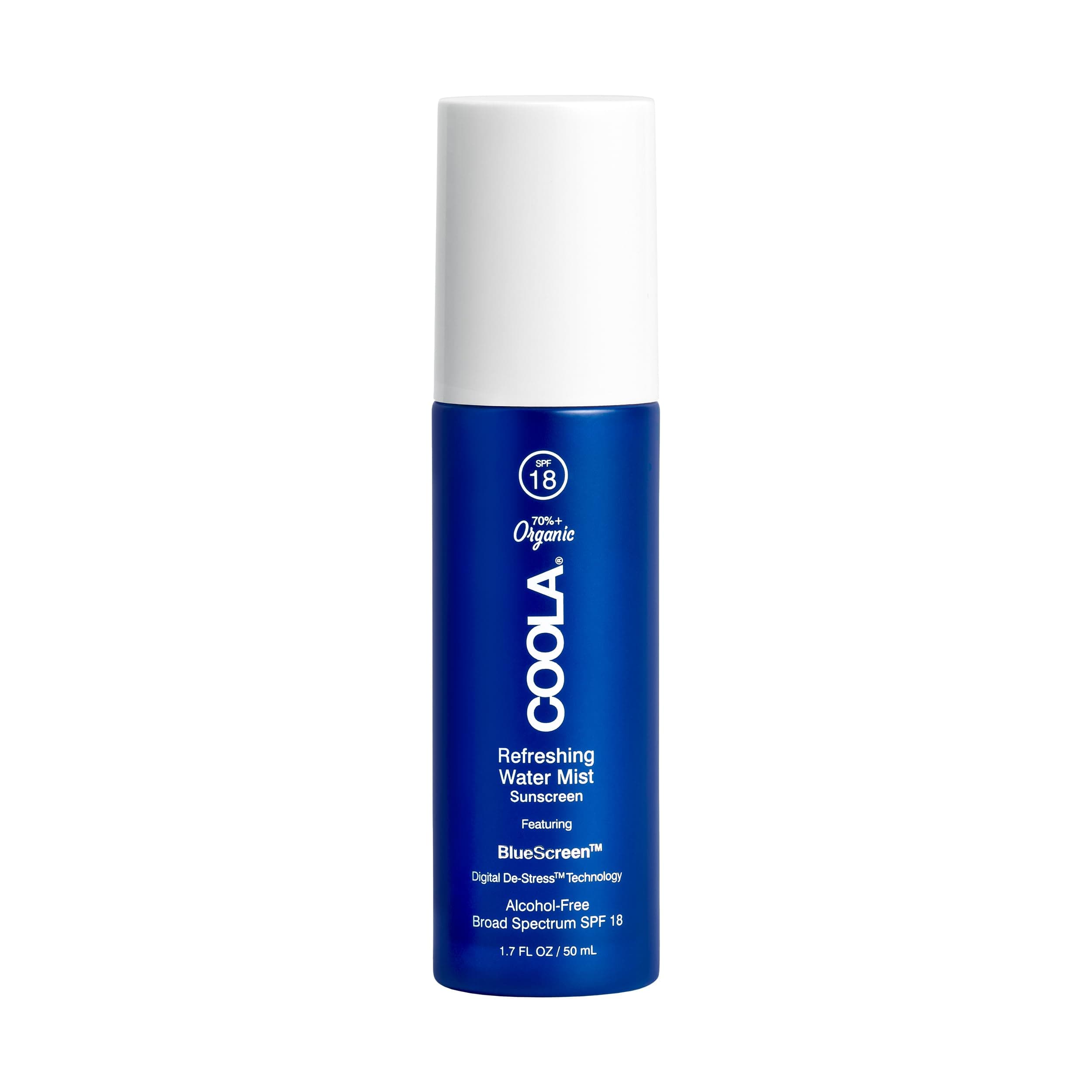 COOLA Organic Refreshing Water Mist Face Moisturizer with SPF 18, Dermatologist Tested Face Sunscreen with Plant-Derived BlueScreen Digital De-Stress Technology, 1.7 Fl Oz