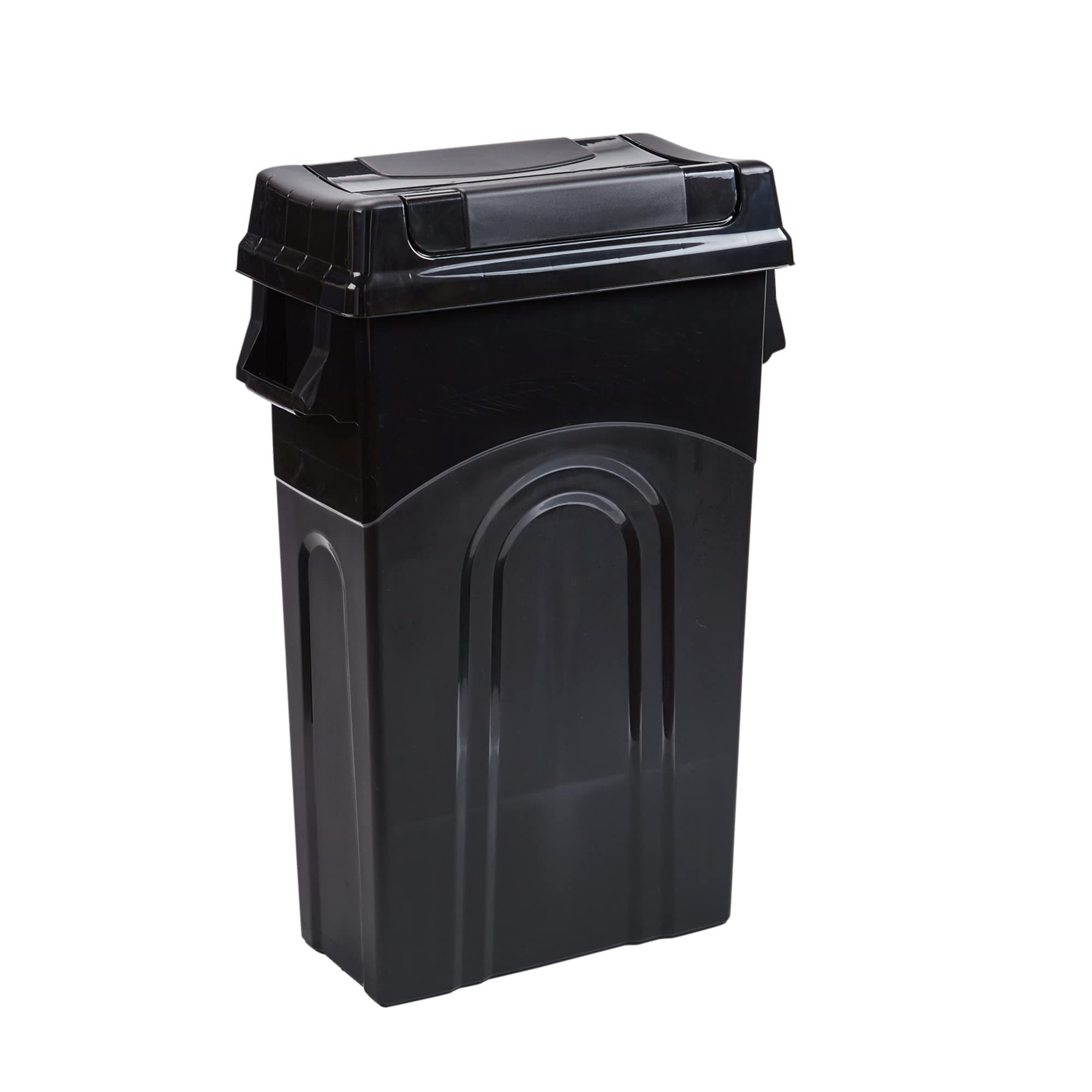 United Solutions Highboy Waste Container with Swing Lid, 23 Gallon, Space Saving Slim Profile and Simple Bag Removal, Handles for Easy Carrying, Indoor/Outdoor Use, Plastic, Black, 1-Pack.