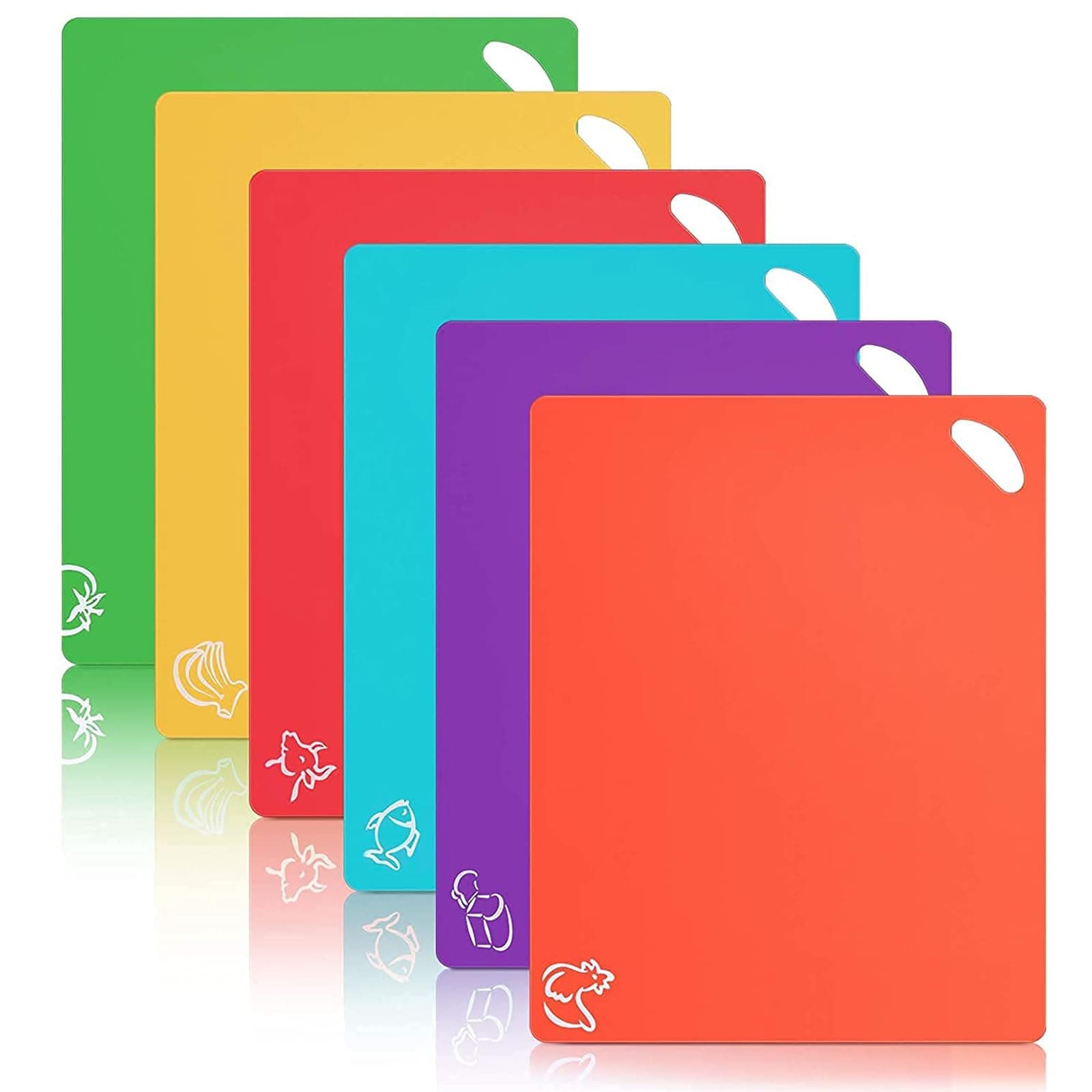X springFlexible Plastic Cutting Board, 6 Pcs Food Grade Kitchen Cutting Board, Plastic Kitchen Cutting Mat With Food Icons and hanging hole, Thin and Light Chopping Boards Sets for Meat, Vegetables