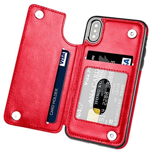 iPhone X Case,iPhone Xs Case, Hoofur Slim Fit Premium Leather iPhone Xs Wallet Case Card Slots Shockproof Folio Flip Protective Shell for Apple iPhone X/Xs (5.8 inch) (Red)