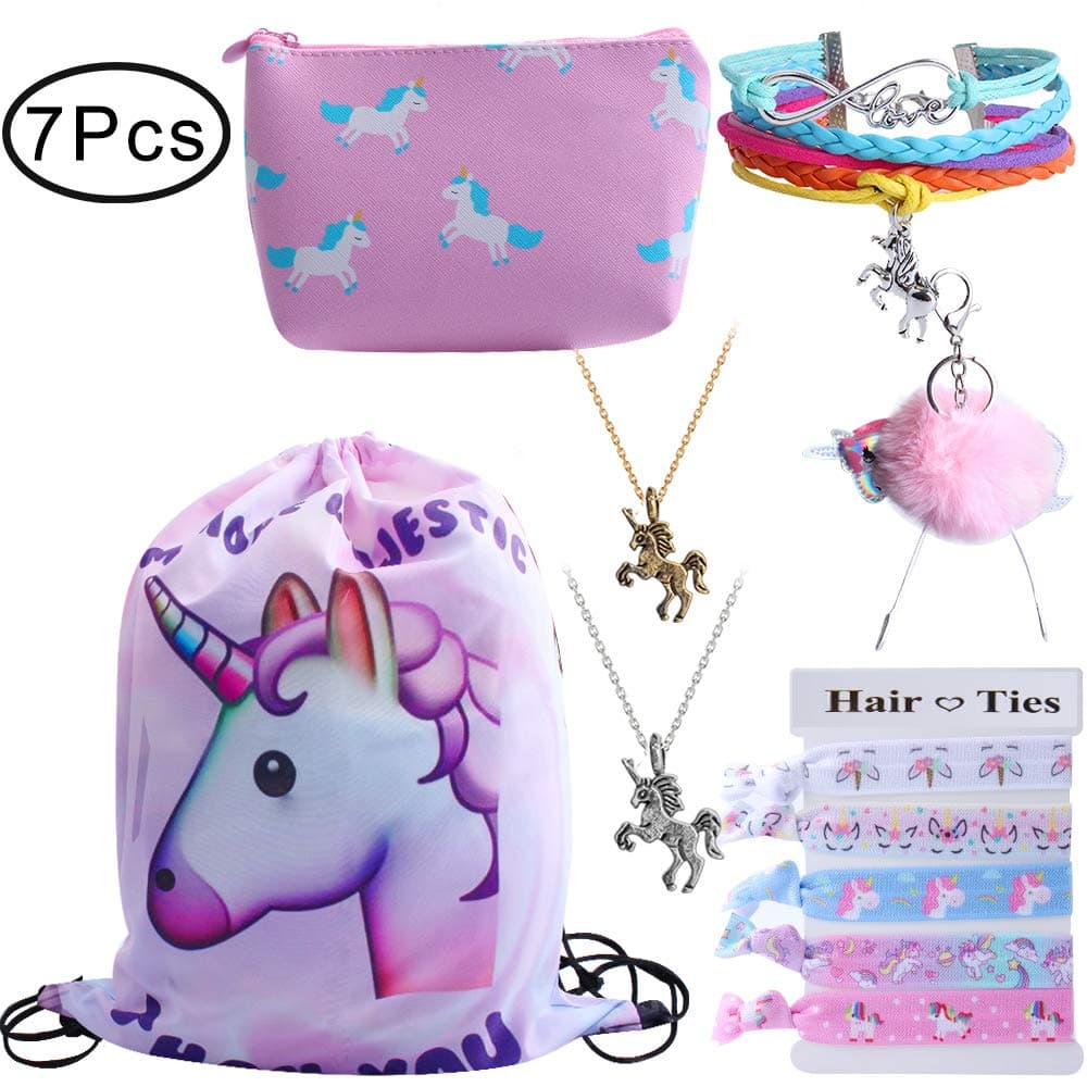 Standie 7PCS Drawstring Backpack for Unicorn Gift for Girls Include Makeup Bag Bracelet Necklace Set Hair Ties for Unicorn Party Favors