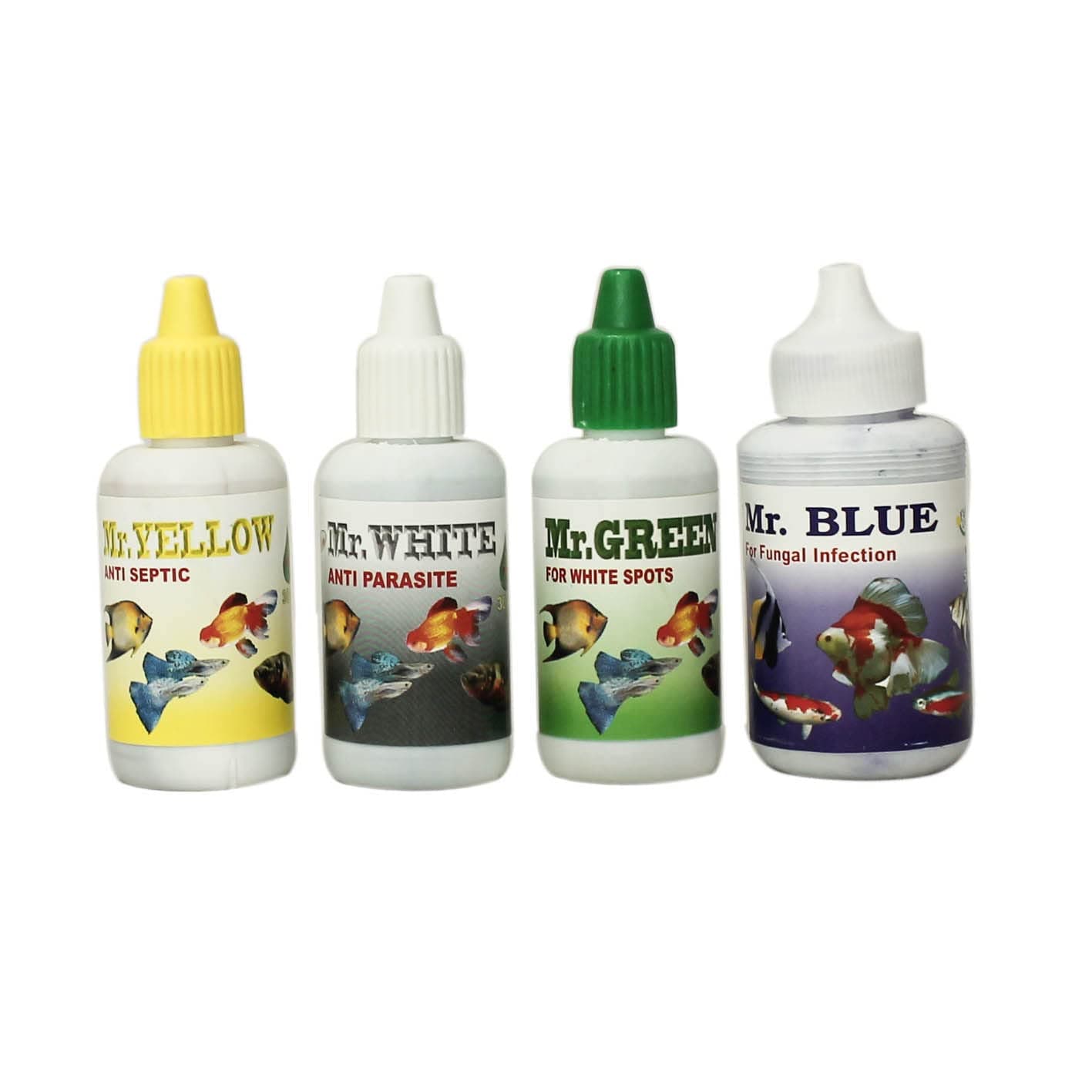 Mr 4 in 1 Fish Medicine Pack 30Ml Each | Mr.Green for White Spots | Mr.Yellow for Anti Septic | Mr.White for Anti Parasite | Mr.Blue for Fungal Infection | Aquarium Internal Medication Liquid