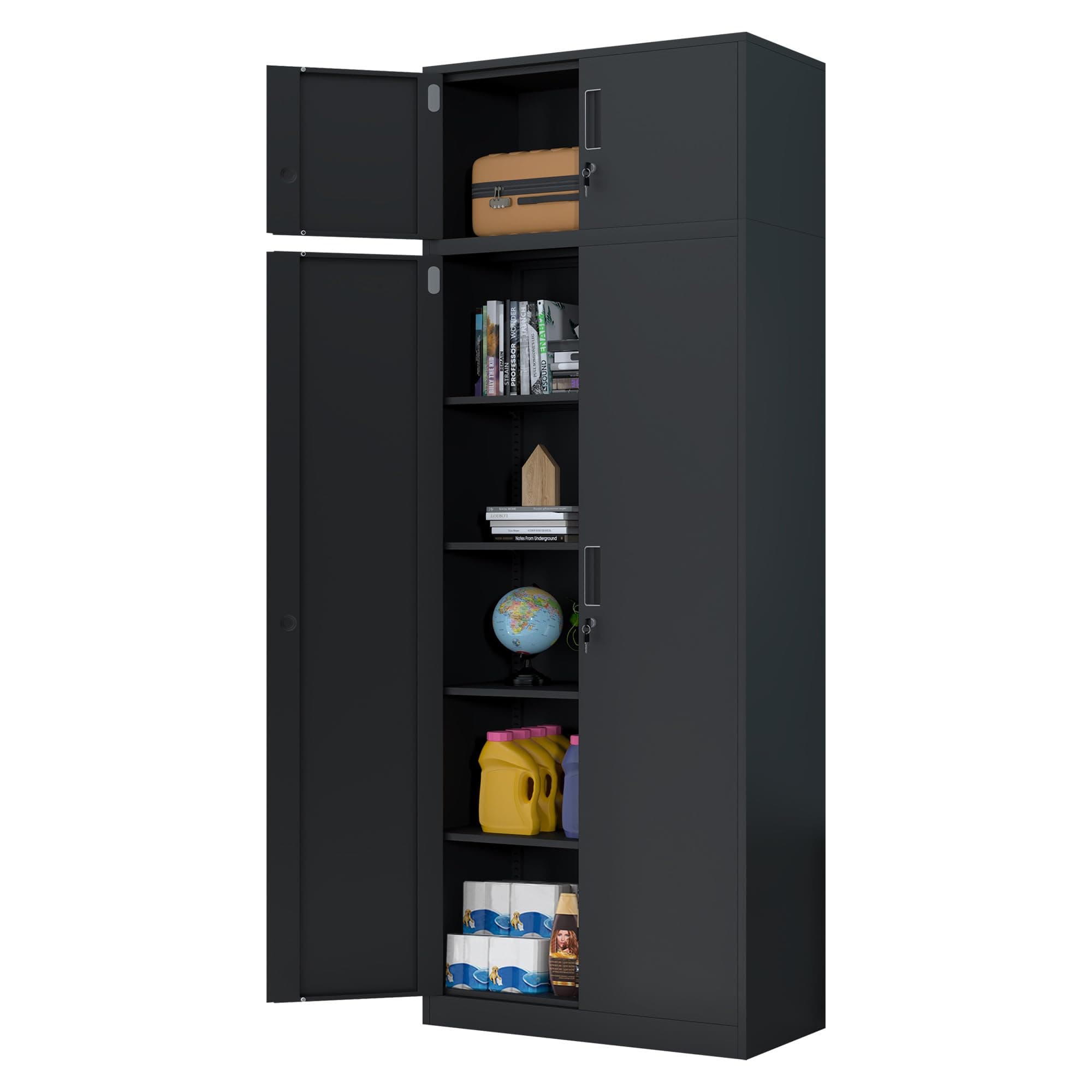 Metal Storage Cupboard with Locking Doors and 4 Adjustable Shelves, Extra Tall Lockable Steel Storage Cabinets for Home Office Garage Kitchen Pantry (Black)