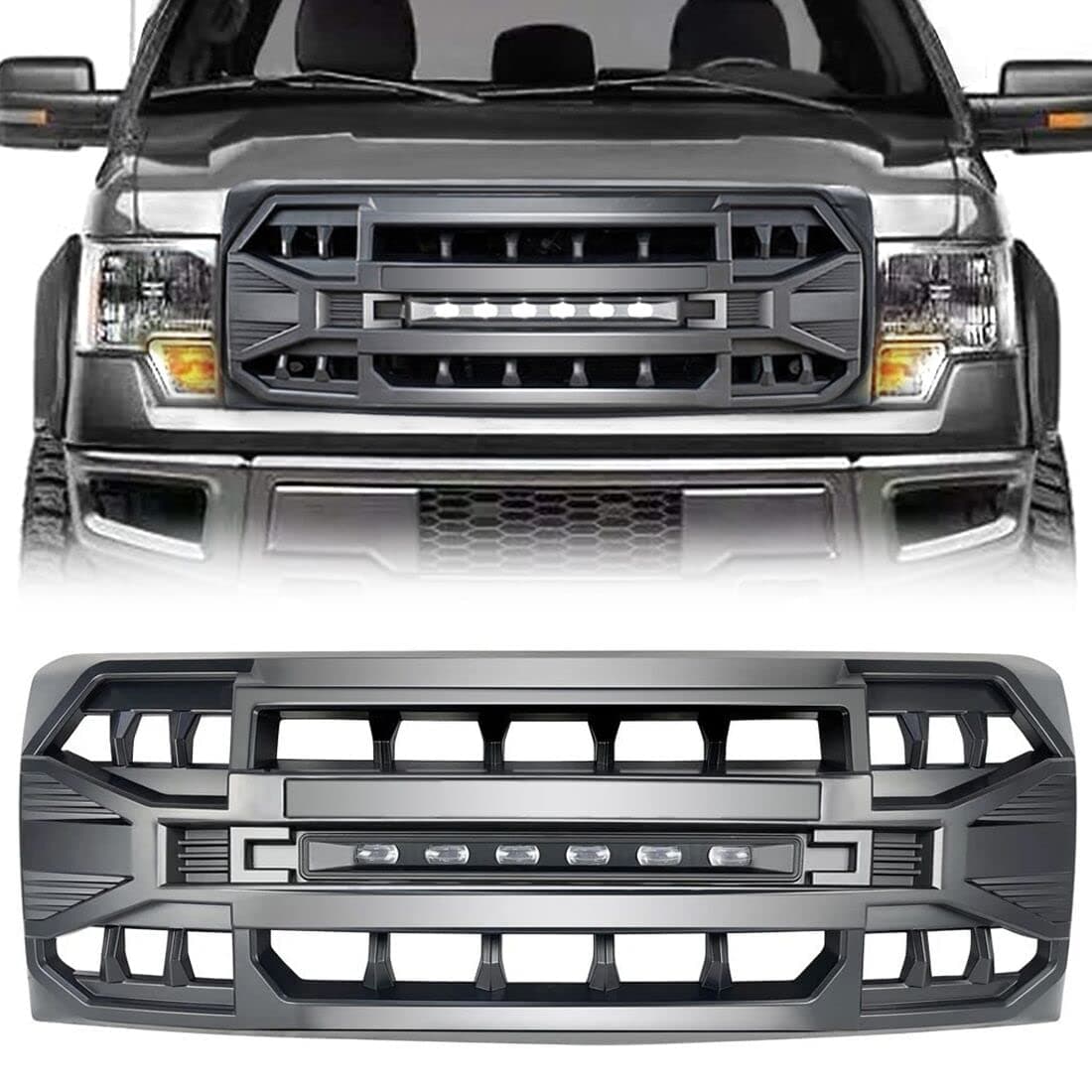 MEGAIE Front Grill Replacement for F150 2009-2014, Matte Black Front Bumper Grille w/Off-Road Lights