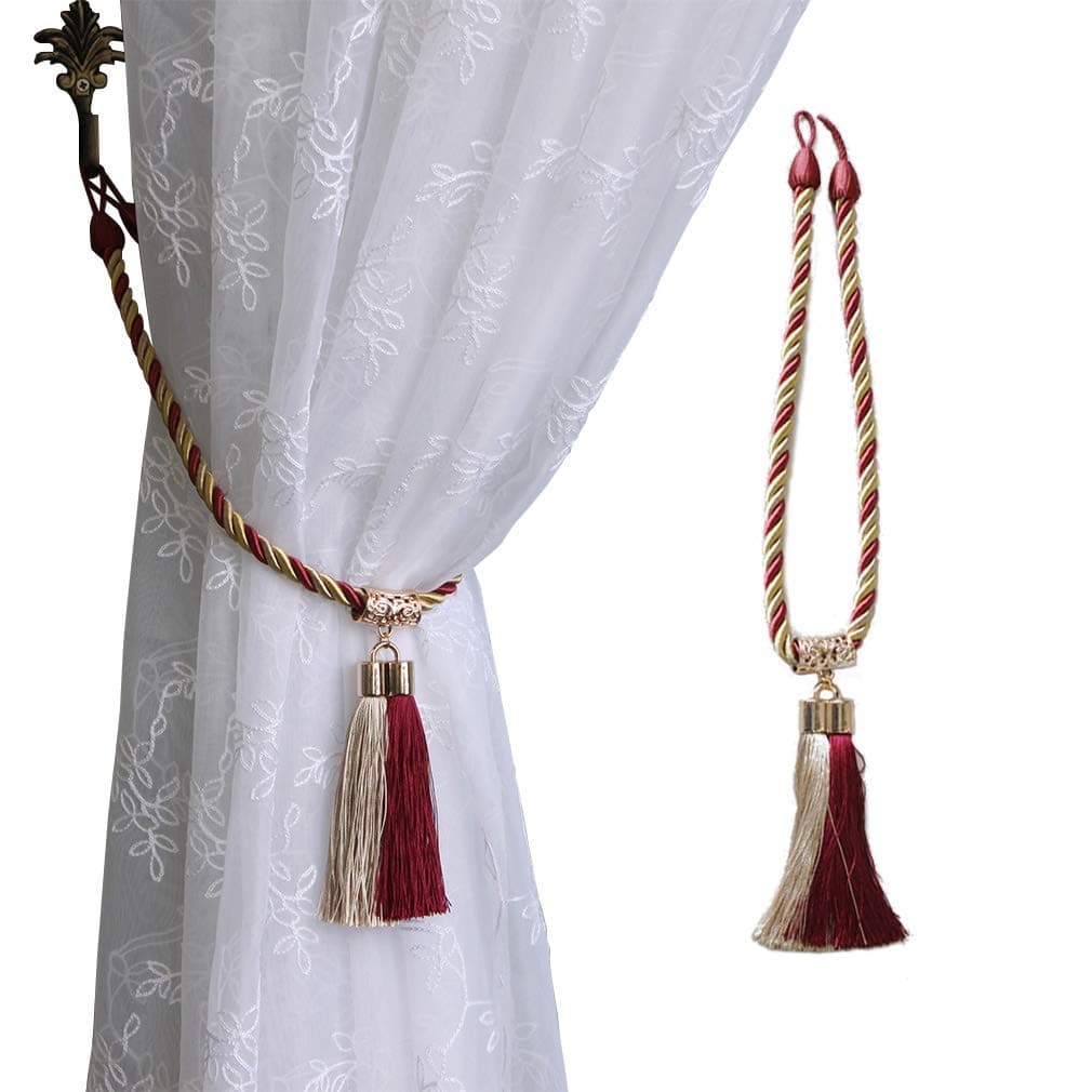 Valea Home 2 Pack Decorative Tassel Curtain Tiebacks Elegant Window Draperies Holders Long Loop with Buckle Cord, Set of 2, Red and Beige