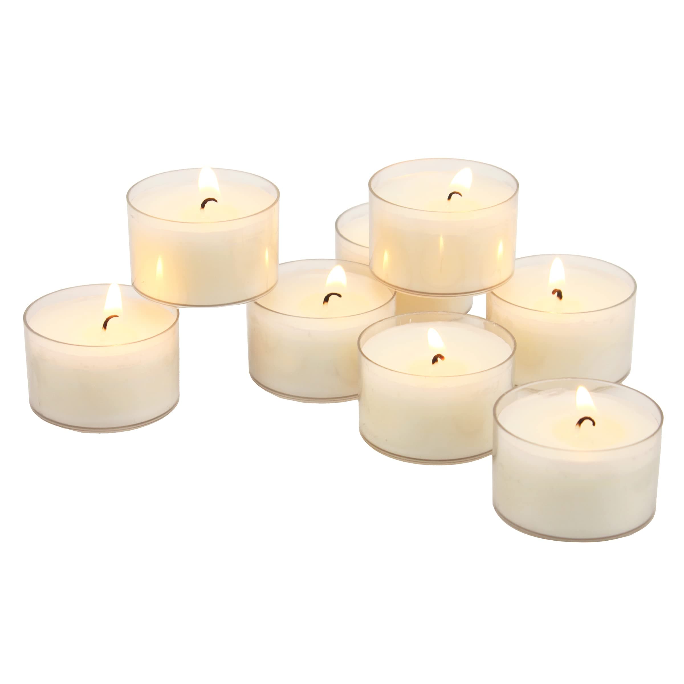 96 Count White Unscented Smokeless Long Burning Clear Cup Tea Light Candles with 6 to 7 Hour Burn Time