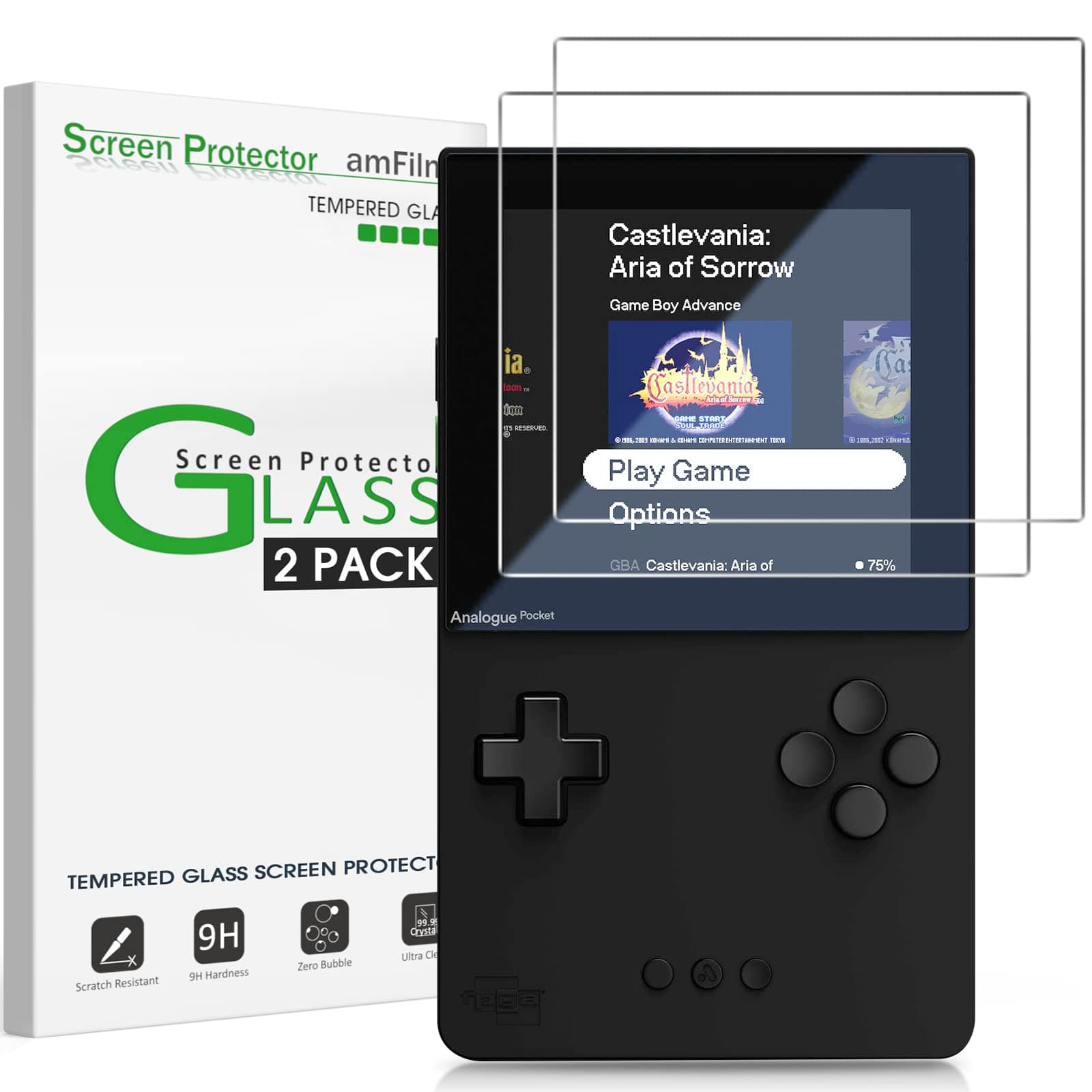 amFilm 2-Pack Tempered Glass Screen Protector Compatible with analogue pocket, Anti-Scratch,Easy Installation