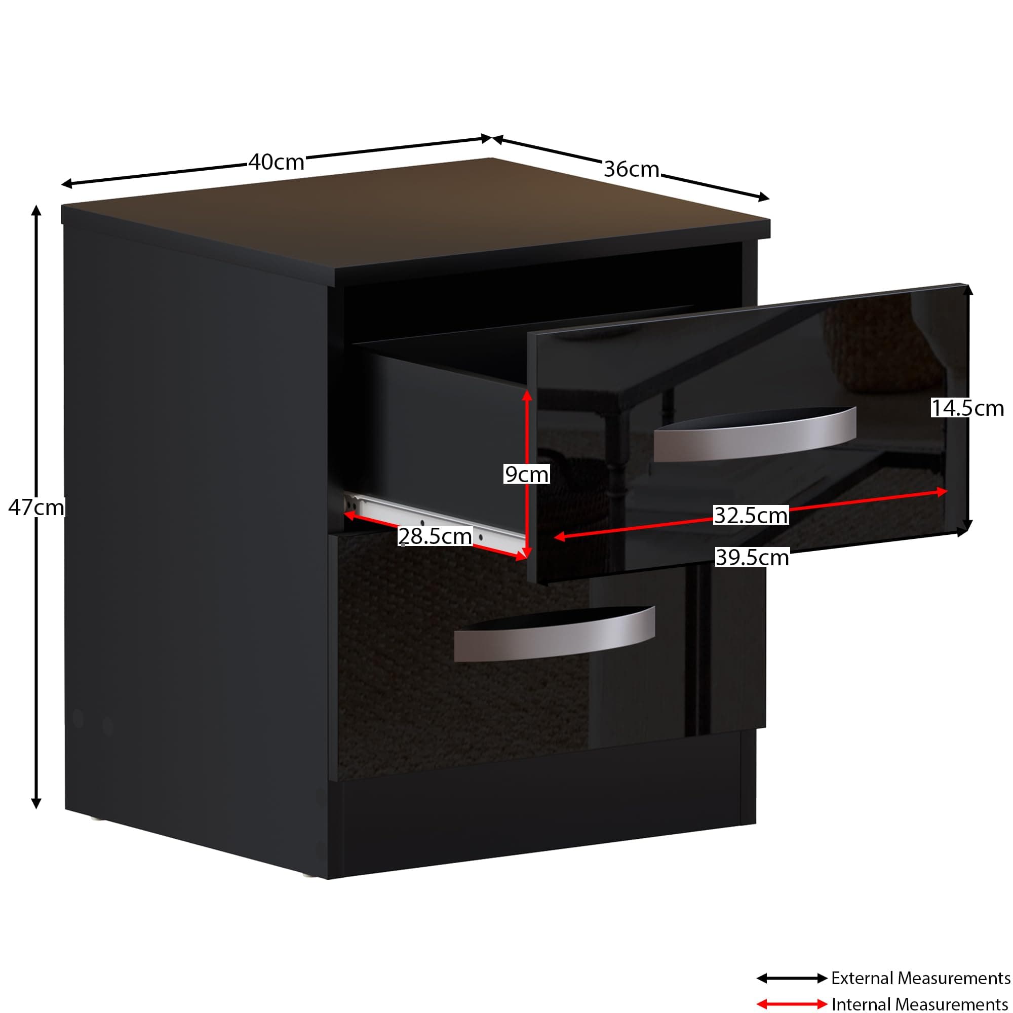 Amazon Brand - Movian High Gloss Bedside Table with 2 Drawers, Black, 47 x 40 x 36 cm