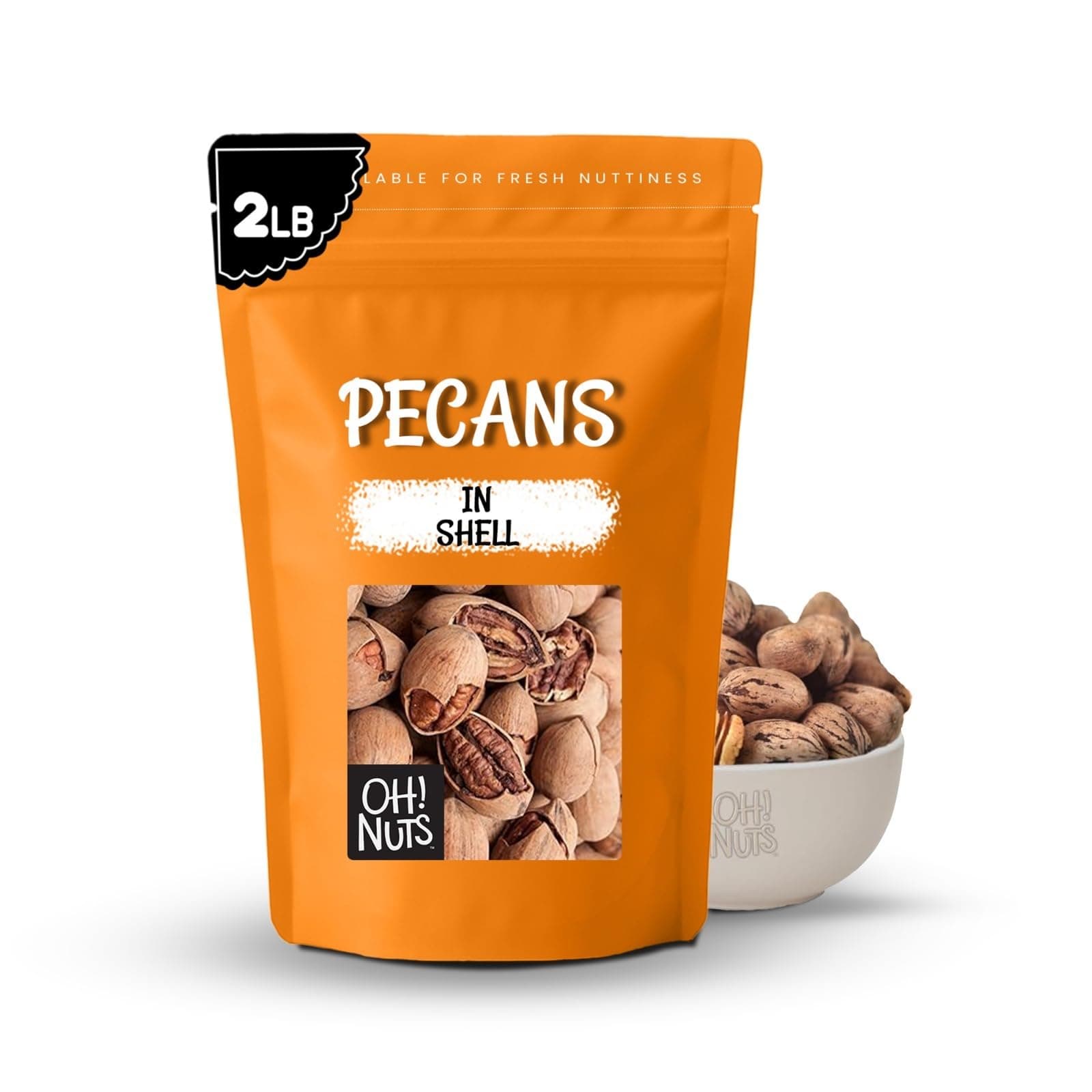 Oh! Nuts Pecans in Shell - Raw - 100% Natural - 2 lb - High-Protein Pecans - Packed in New York Zip-Seal Bag for Exceptional Freshness