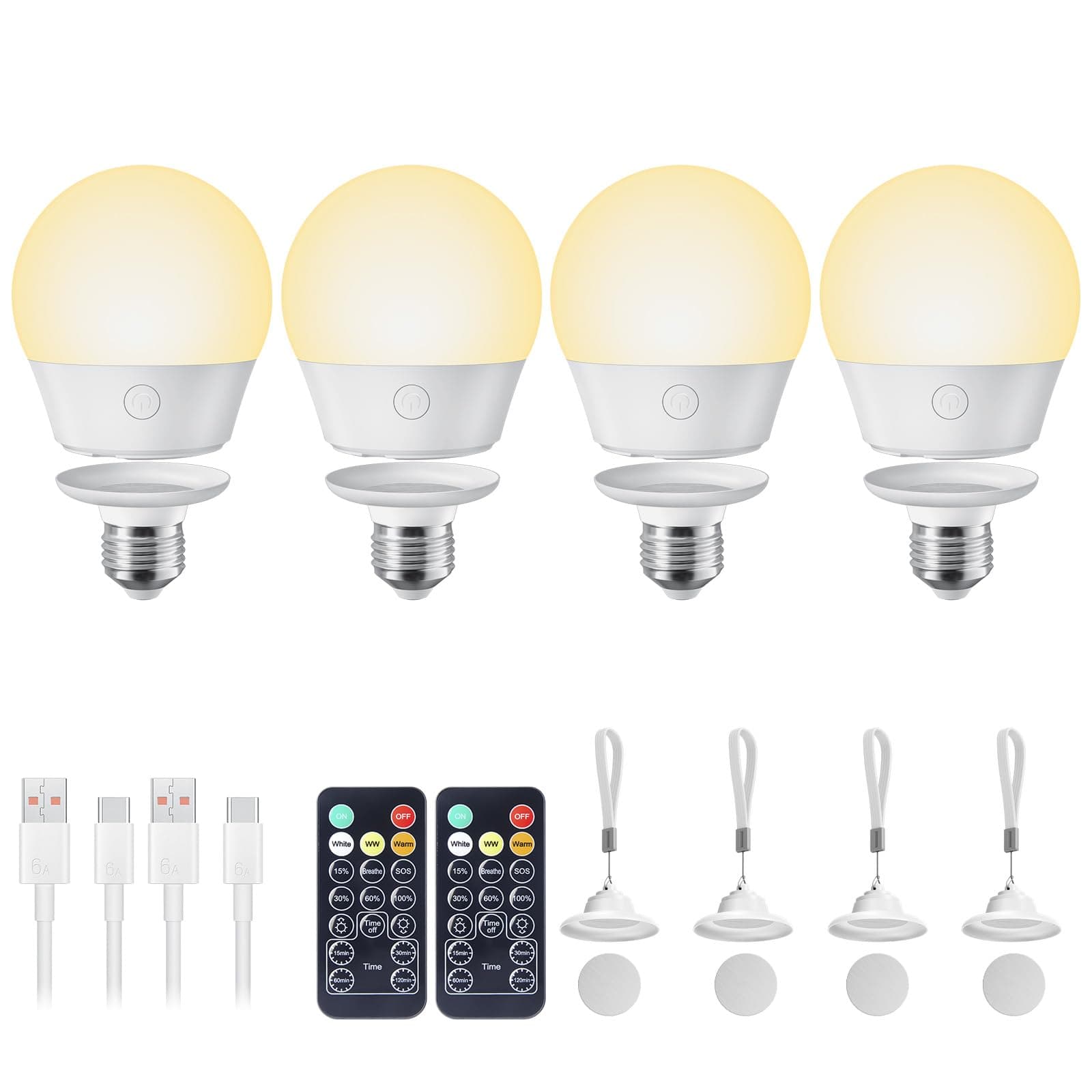 Rechargeable Light Bulb with Remote and Timer for Sconce and Lamp, Battery Backup Night Light, E26 Detachable Charging, Magnetic Base, 3 Lighting Colors, Dimmer, 7W, Lanyard Included, 4 Pack