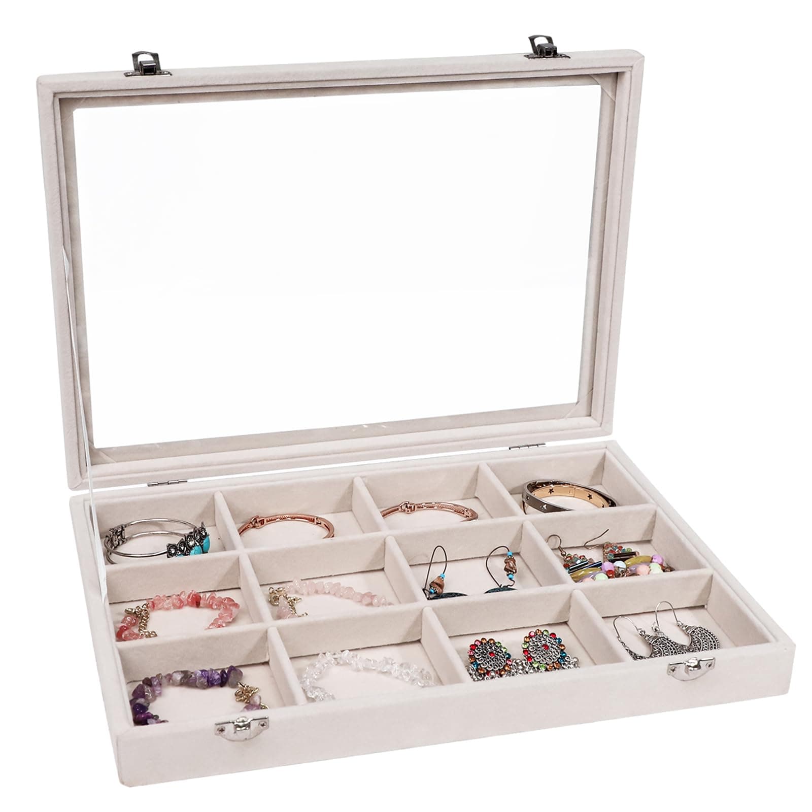 Jewelry Organizer Bracelet Organizer Storage Box 12 Grid Stackable Jewelry Tray with Lid Velvet Jewelry Box for Drawer Necklace Bracelet Display Storage Organizer Box (Beige)