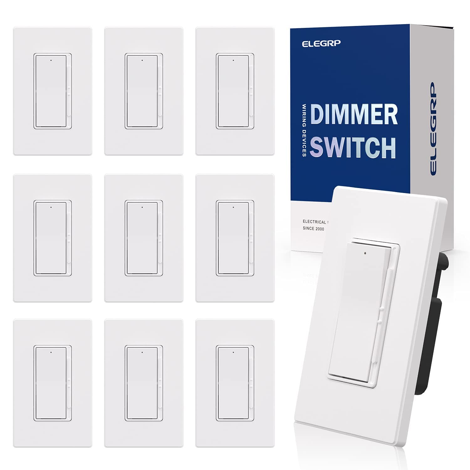 ELEGRP Dimmer Light Switch for 300W Dimmable LED/CFL Lights and 600W INC/HAL Bulbs, Single Pole/3-Way LED Slide Dimmer Light Switch, Wall Plate Included, UL Listed, 10 Pack, White