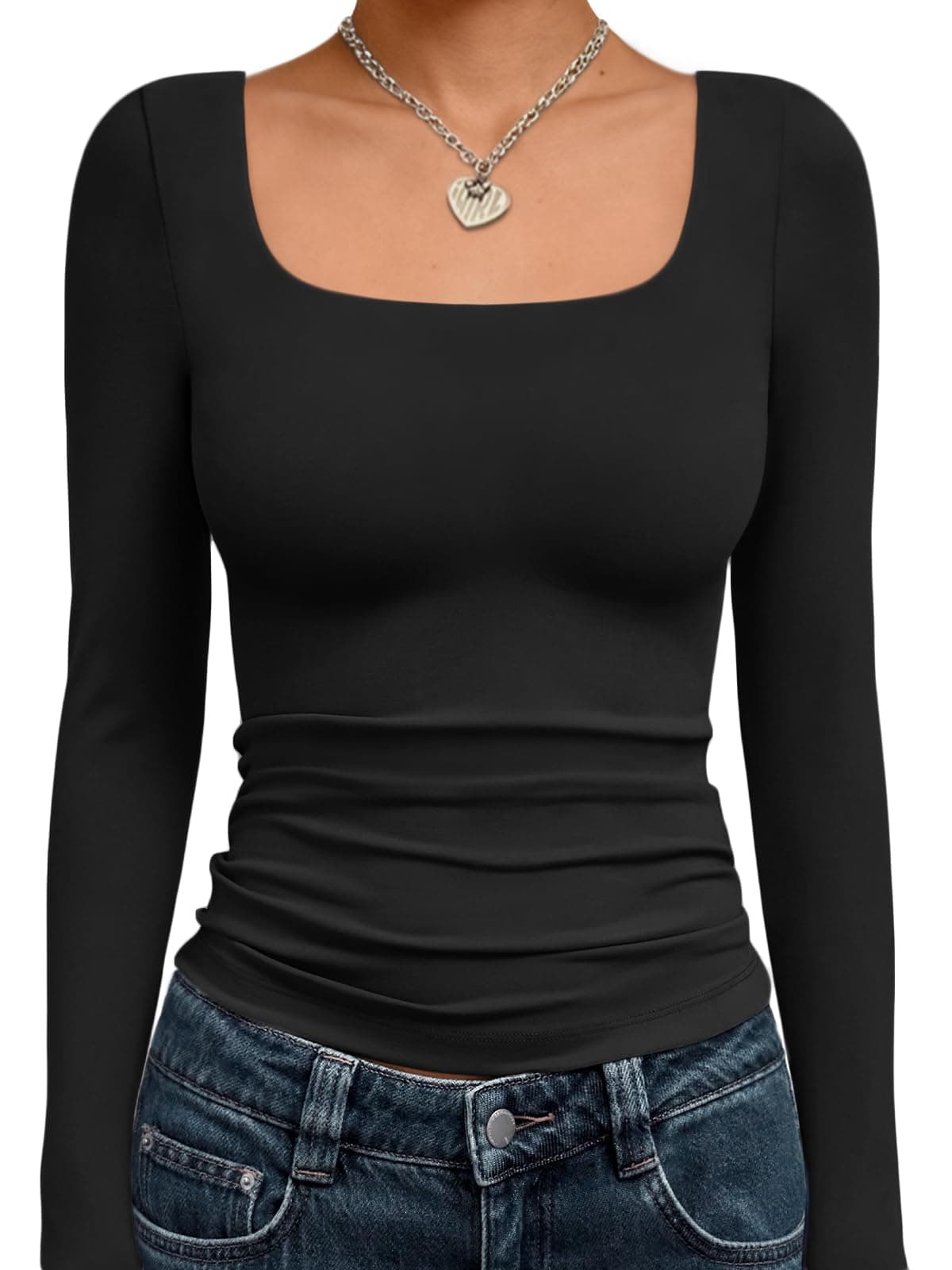 Womens Long Sleeve Shirts Crop Tops Basic Double Layering Tight Slim Fit Y2K T Shirts Winter Clothes 2024