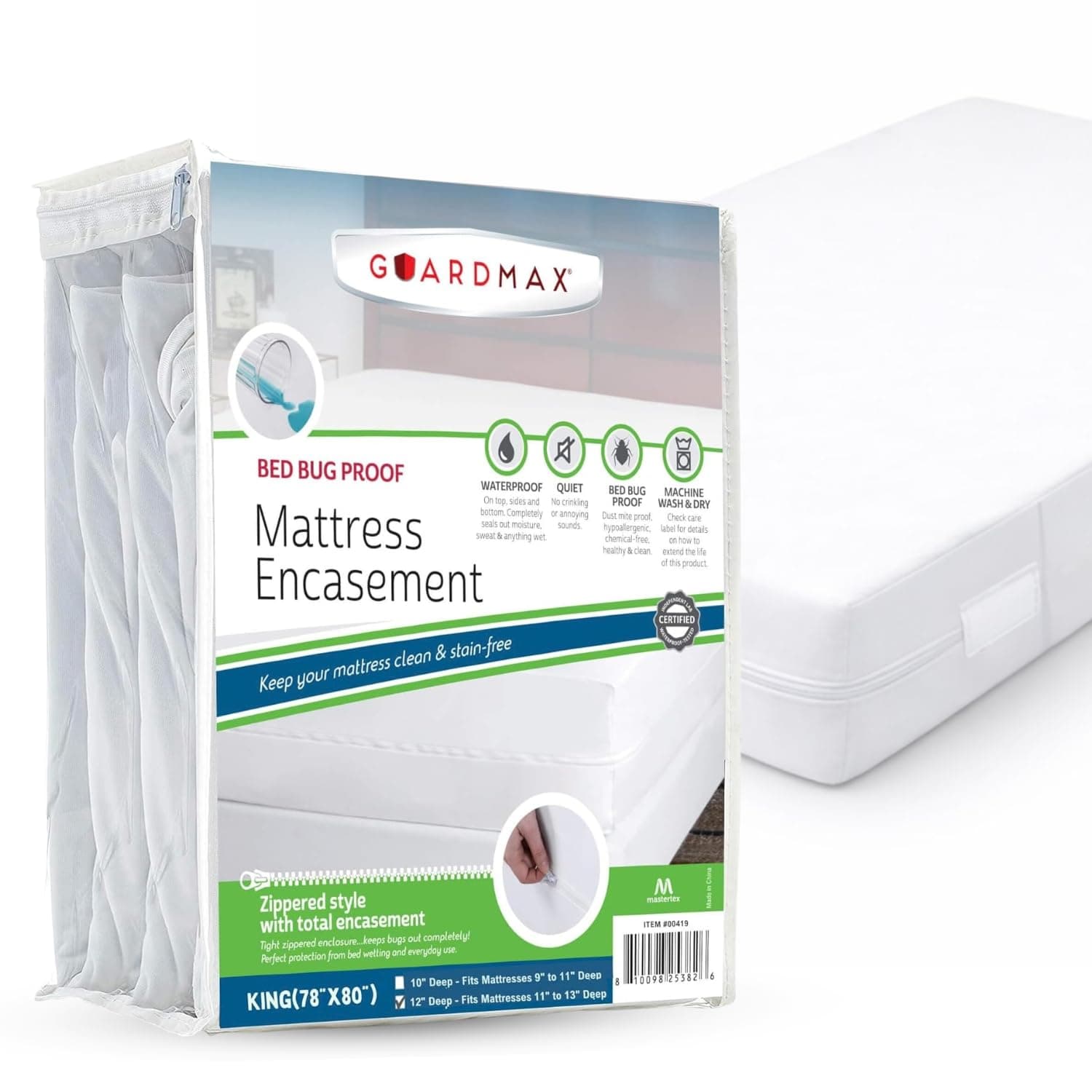 Guardmax (200cm x 200cm) - Bed Bug Proof Mattress Encasement Protector Zippered Style, 100% Waterproof Cover, Hypoallergenic and Breathable, Soft and Noiseless - King Size (78x80x11)
