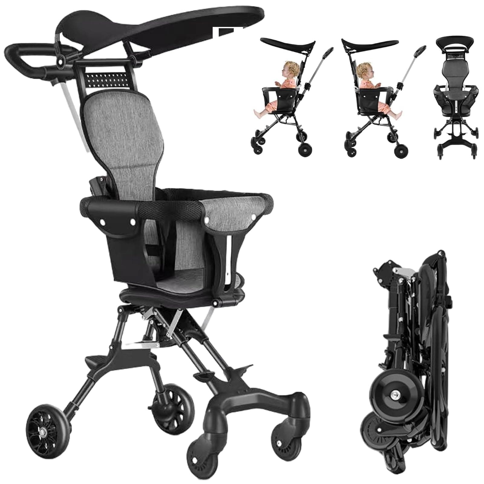 Baby Stroller, Foldable 4 Wheels Ergonomic Adjustable Infant Carriage for 1 to 6 Years Old, Portable Folding Lightweight Baby Stroller Compact Stroller Airplane Travel, black