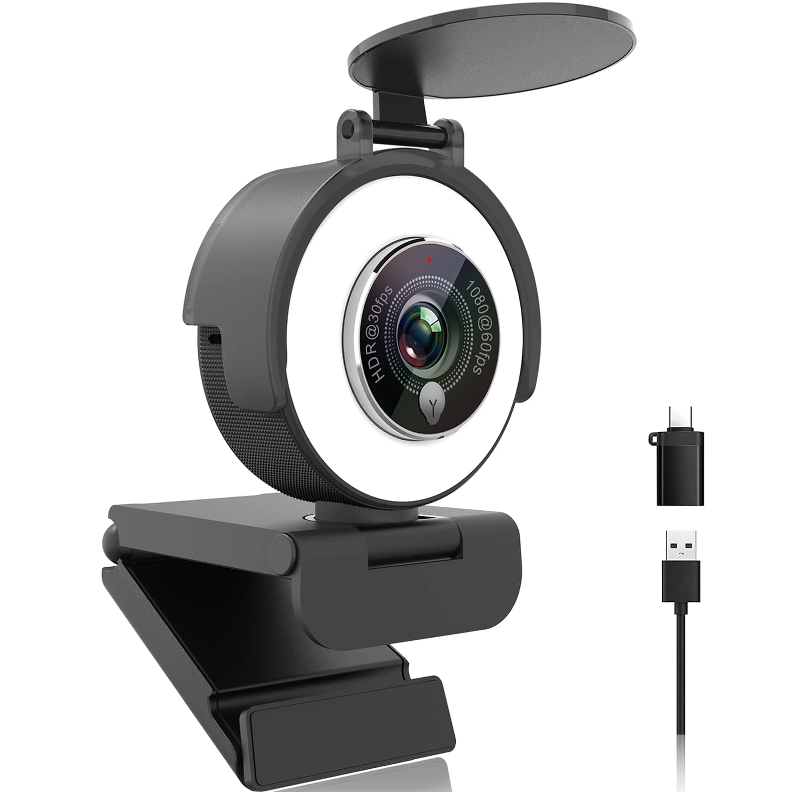 1080p Webcam with Ring Light for Streaming: USB 60FPS Web Camera with Microphone-HDR-Enabled-HD Auto Light Correction Web Cam with Adjustable FOV, for Teams, Zoom, PC/Laptop/Mac/Desktop